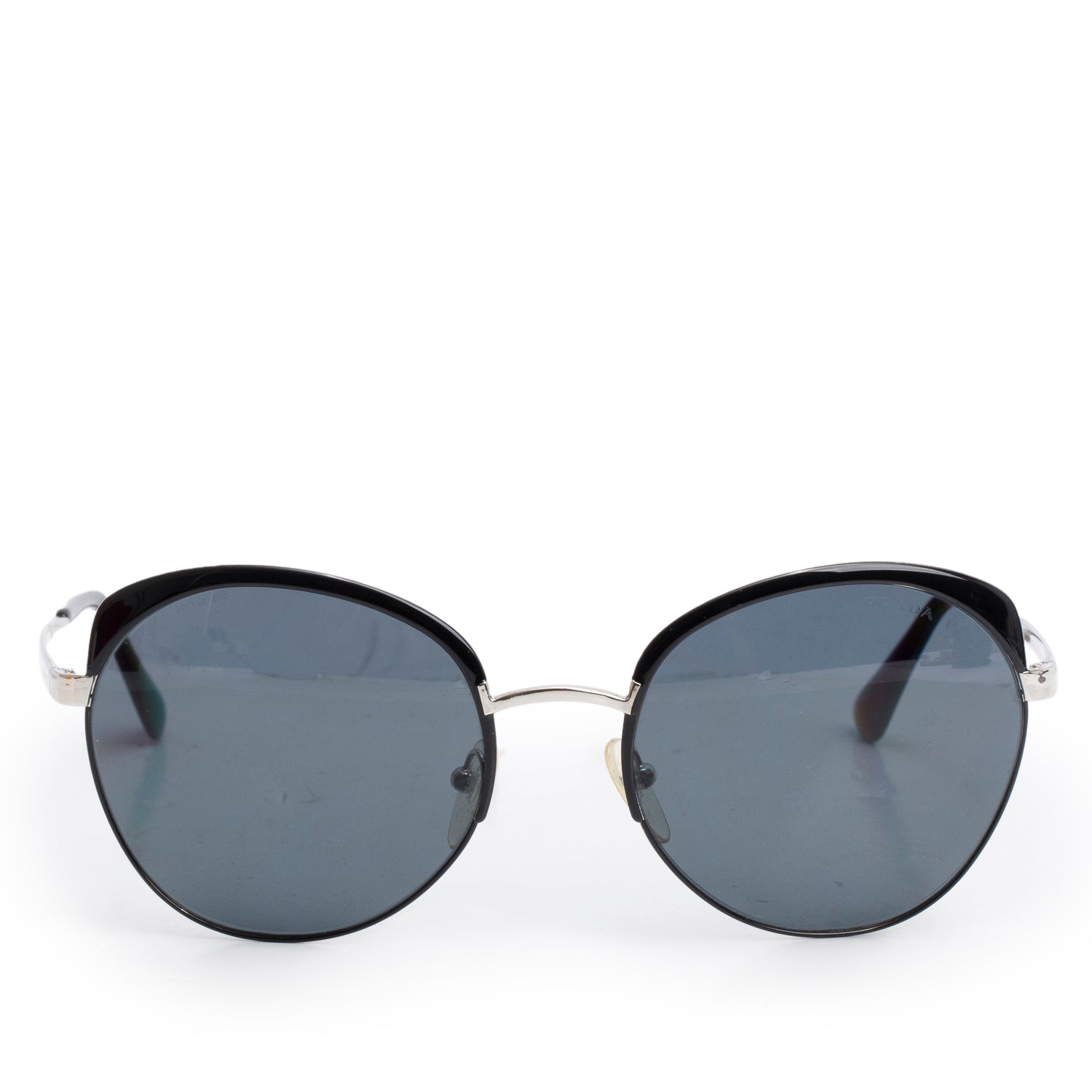 Prada SPR 54S Silver Tone Black Polarized Round Sunglasses w/ Case