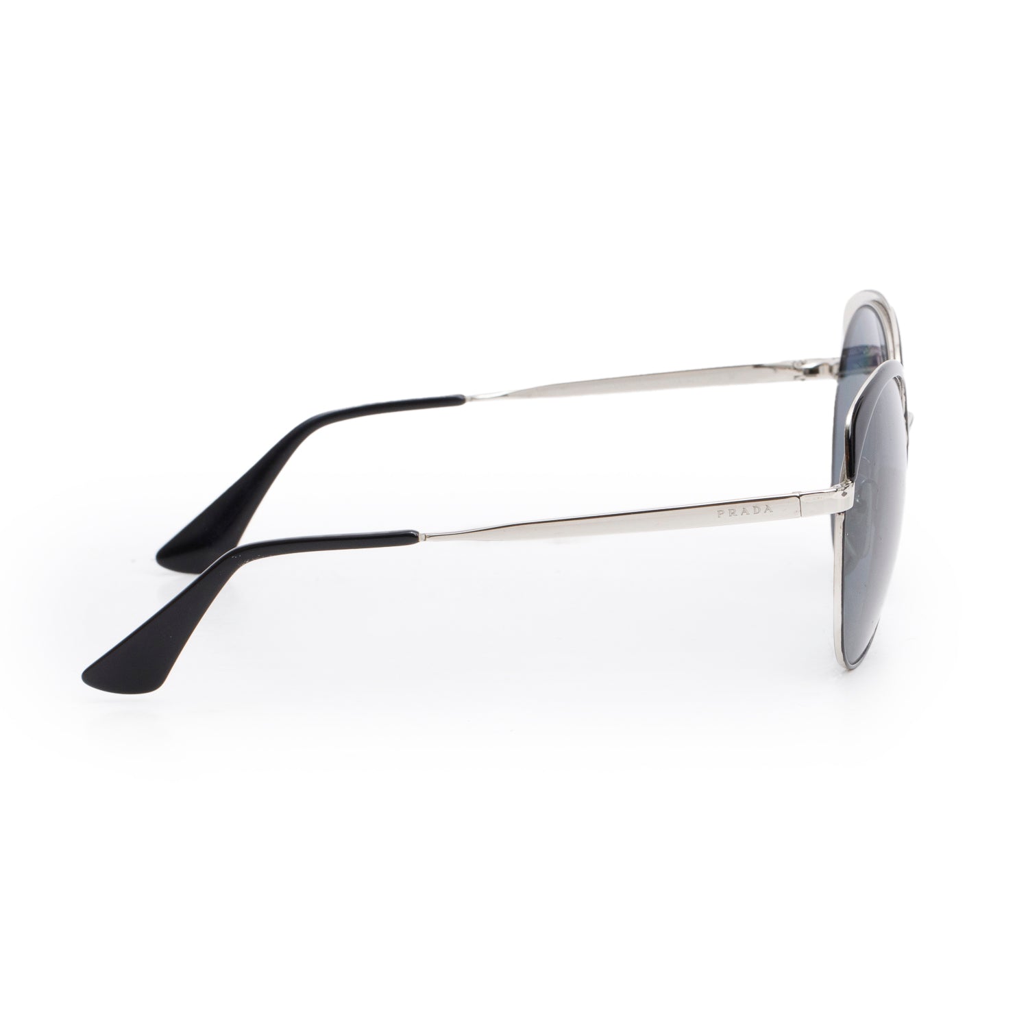 Prada SPR 54S Silver Tone Black Polarized Round Sunglasses w/ Case
