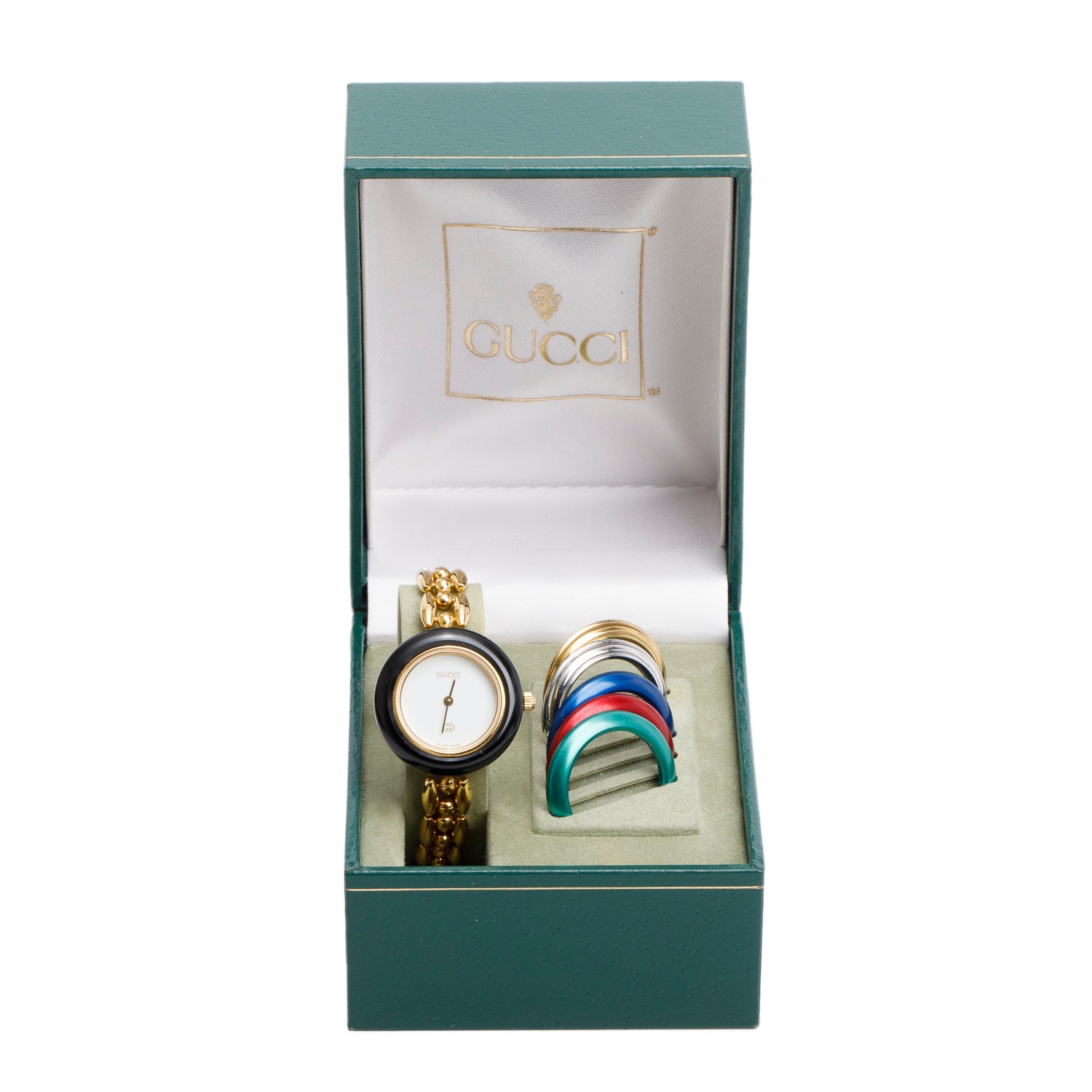 Gucci Gold Plated Stainless Steel 1100 Series 26MM Watch w/ Box & 5 Multicolour Interchangeable Bezels