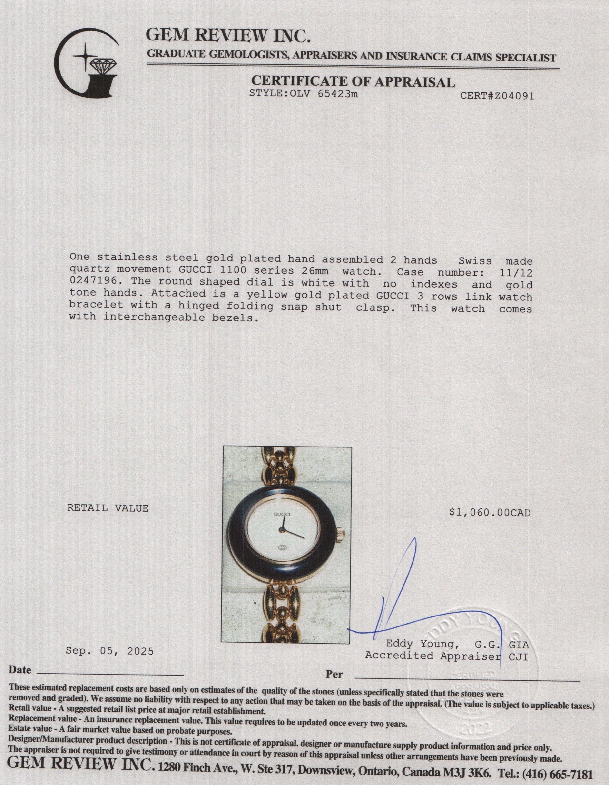 Gucci Gold Plated Stainless Steel 1100 Series 26MM Watch w/ Box & 5 Multicolour Interchangeable Bezels