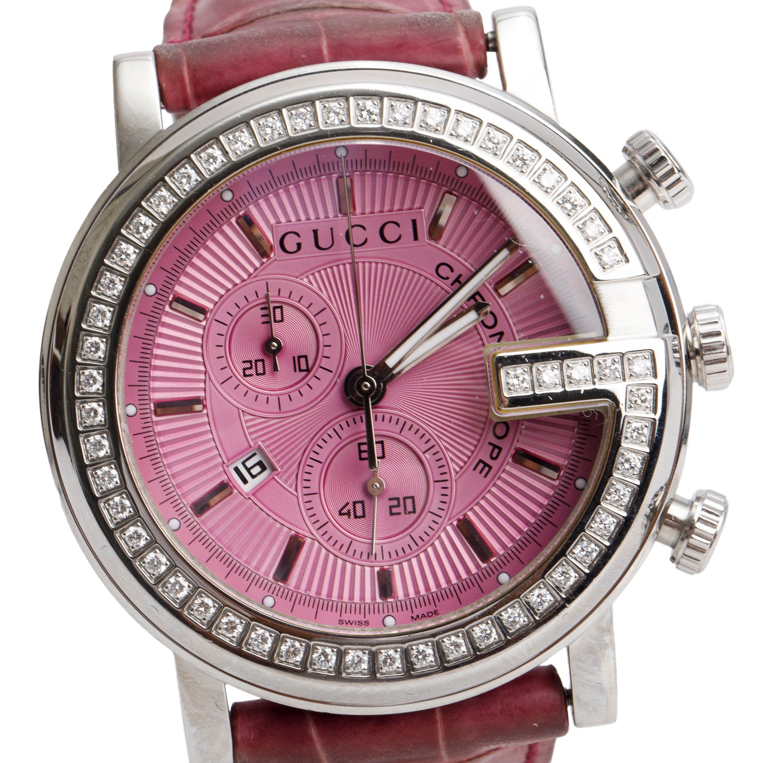 Gucci Stainless Steel Diamond Bezel G-Chrono 44 MM Chronograph Quartz Watch Pink Dial w/ Box & Papers