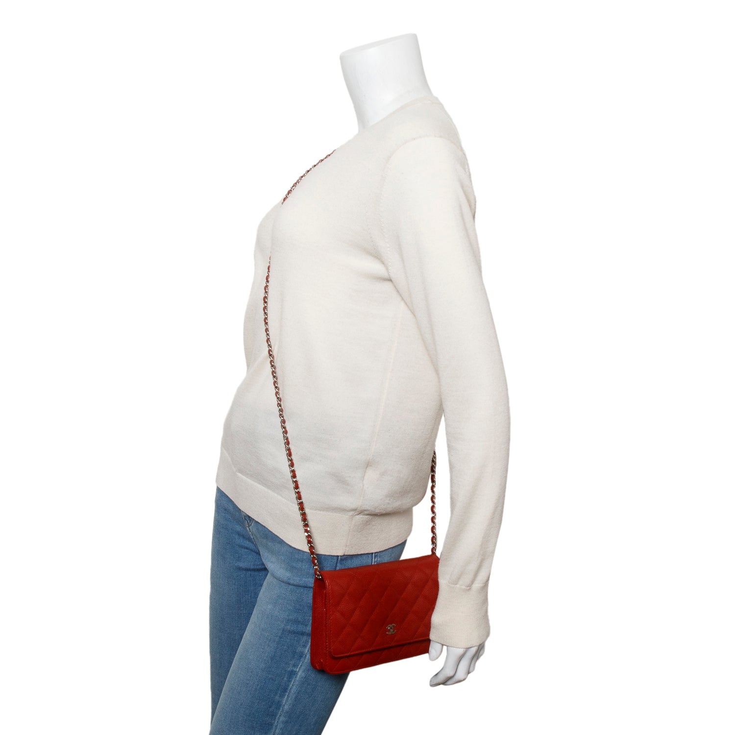 Chanel Red Quilted Caviar Leather Classic Wallet on Chain w/ Authenticity Card & Receipt