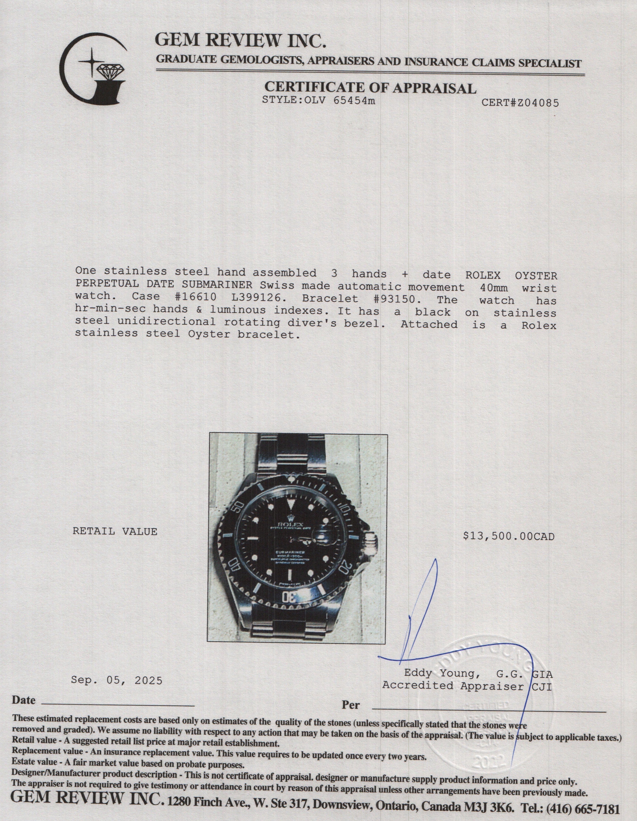 Rolex Stainless Steel Submariner Date 40 MM Watch Black Dial 16610 w/ Box