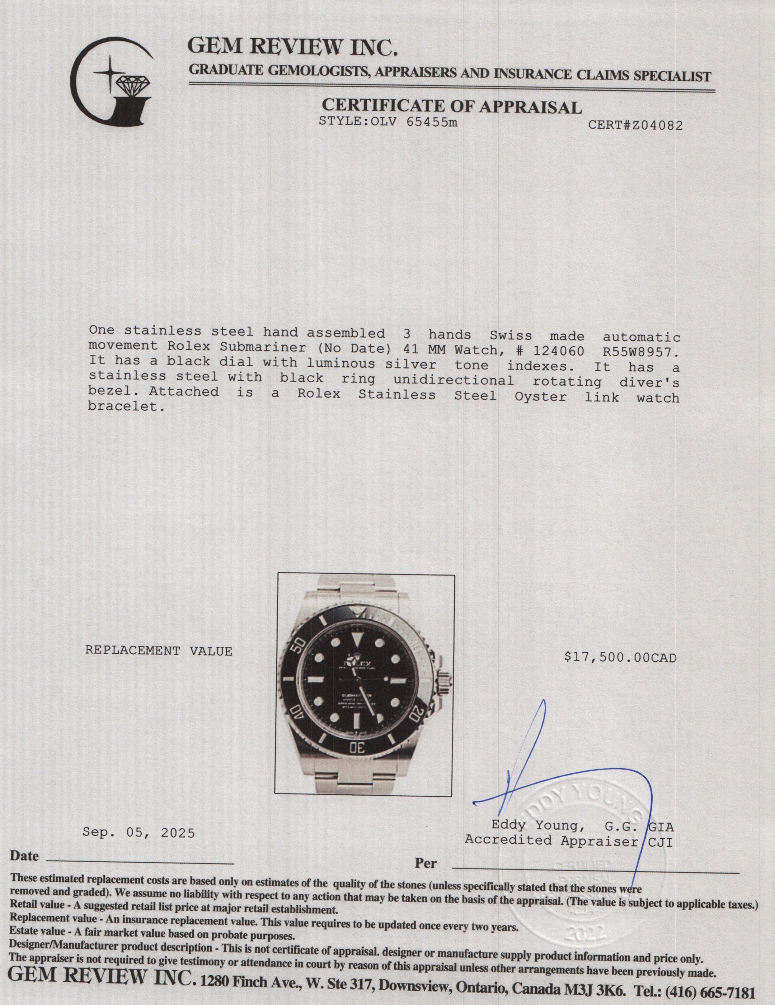 Rolex 2022 Stainless Steel Submariner (No Date) 41 MM Automatic Watch 124060 w/ Box & Papers