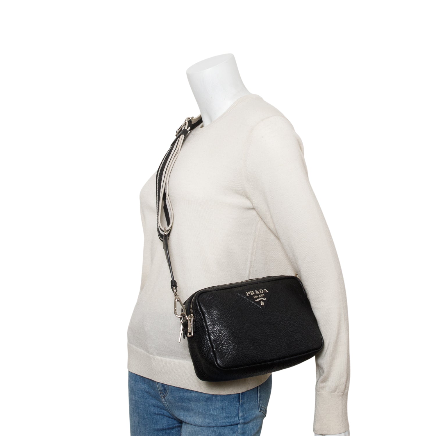 Prada Black Vitello Daino Soft Medium Double Zip Shoulder Bag w/ Straps