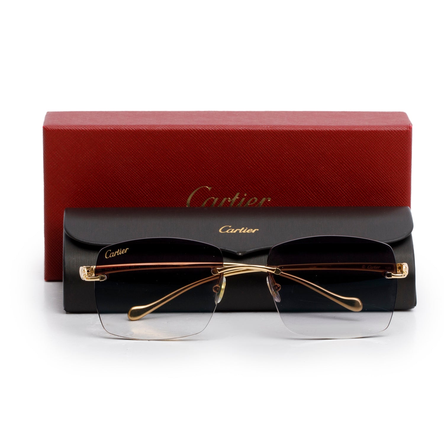 Cartier CT00580 Gold-Tone Metal Rimless Square Sunglasses w/ Box & Case