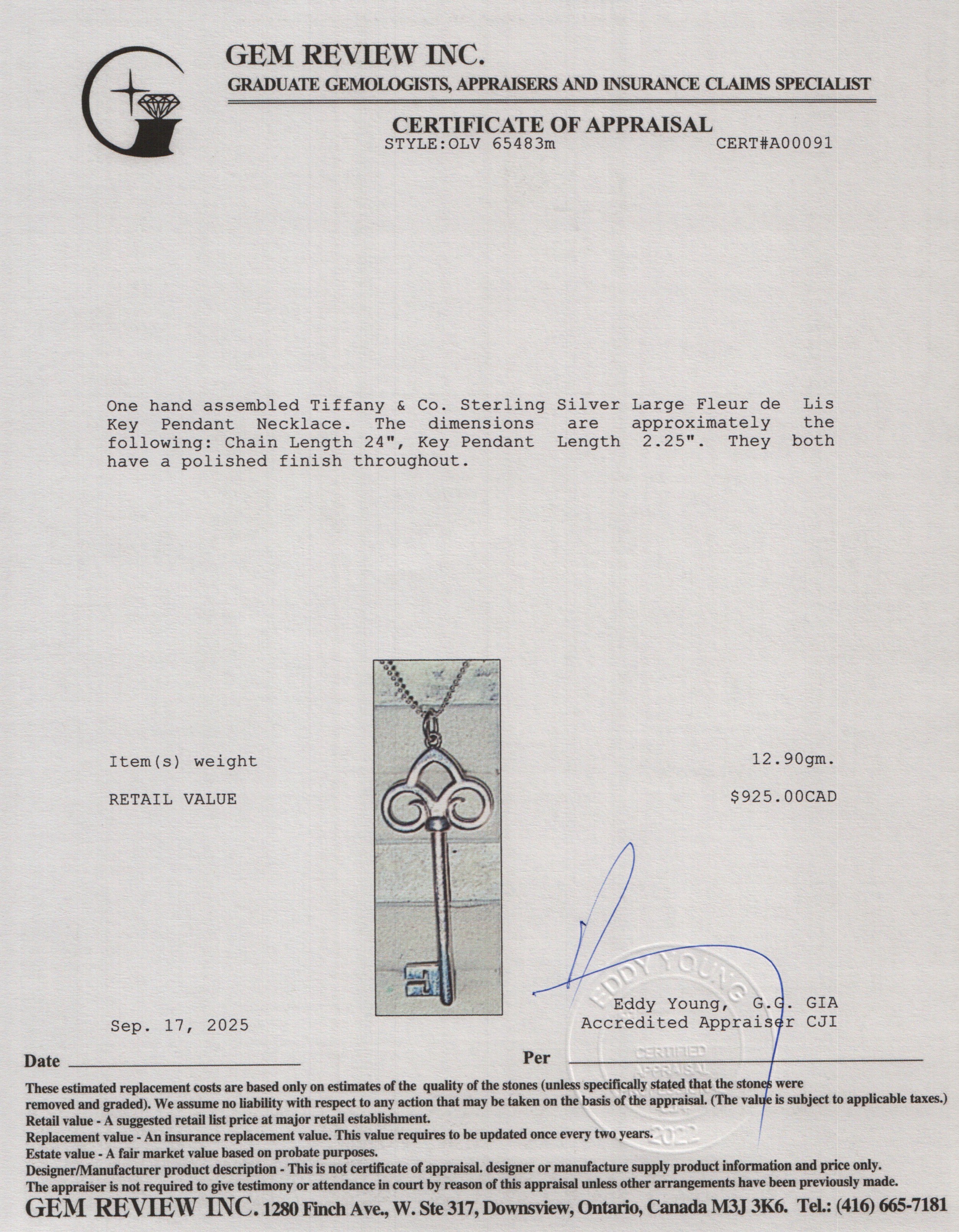 Tiffany & Co. Sterling Silver Large Fleur de Lis Key Pendant Necklace