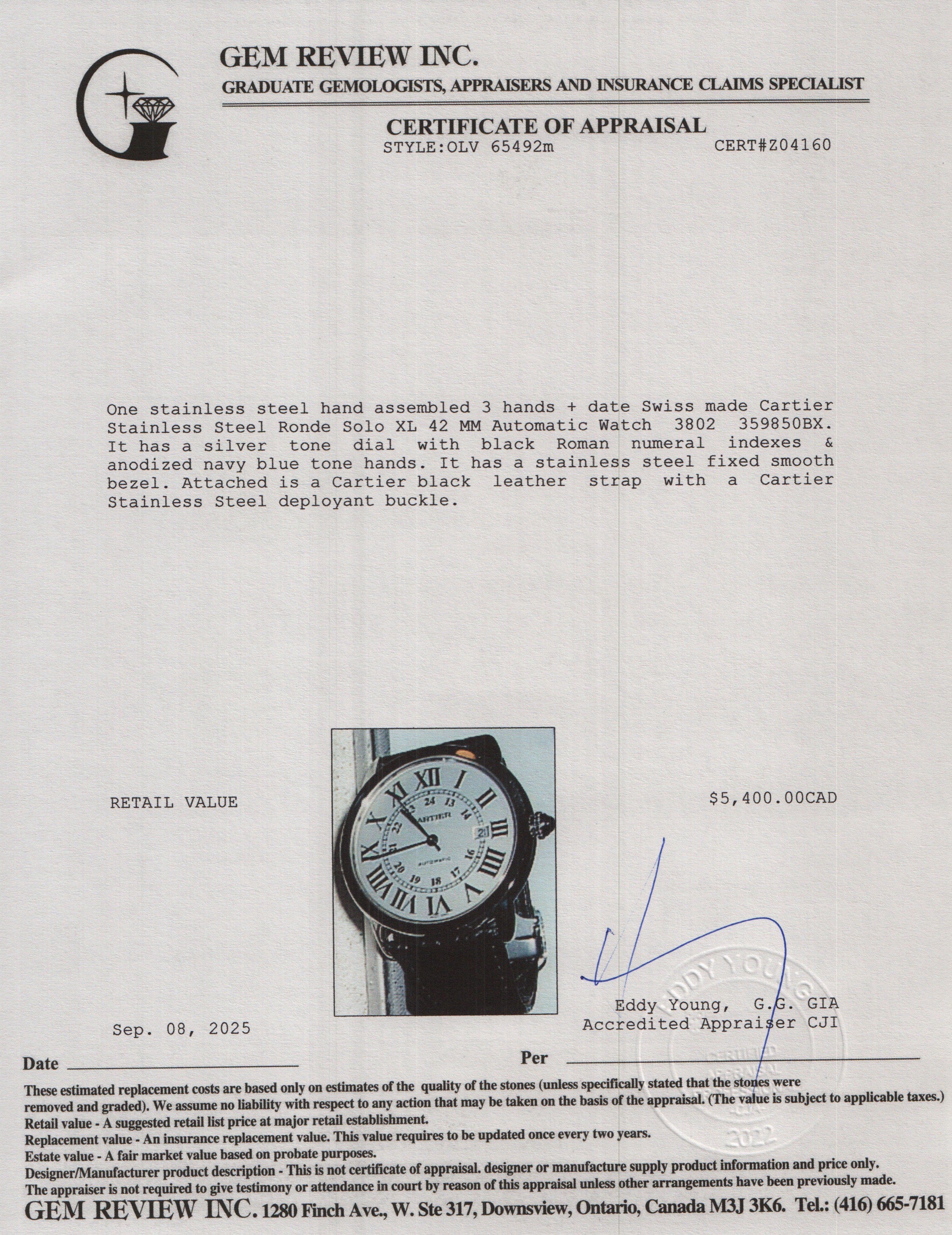 Cartier 2022 Stainless Steel Ronde Solo XL 42 MM Automatic Watch 3802 w/ Box & Papers