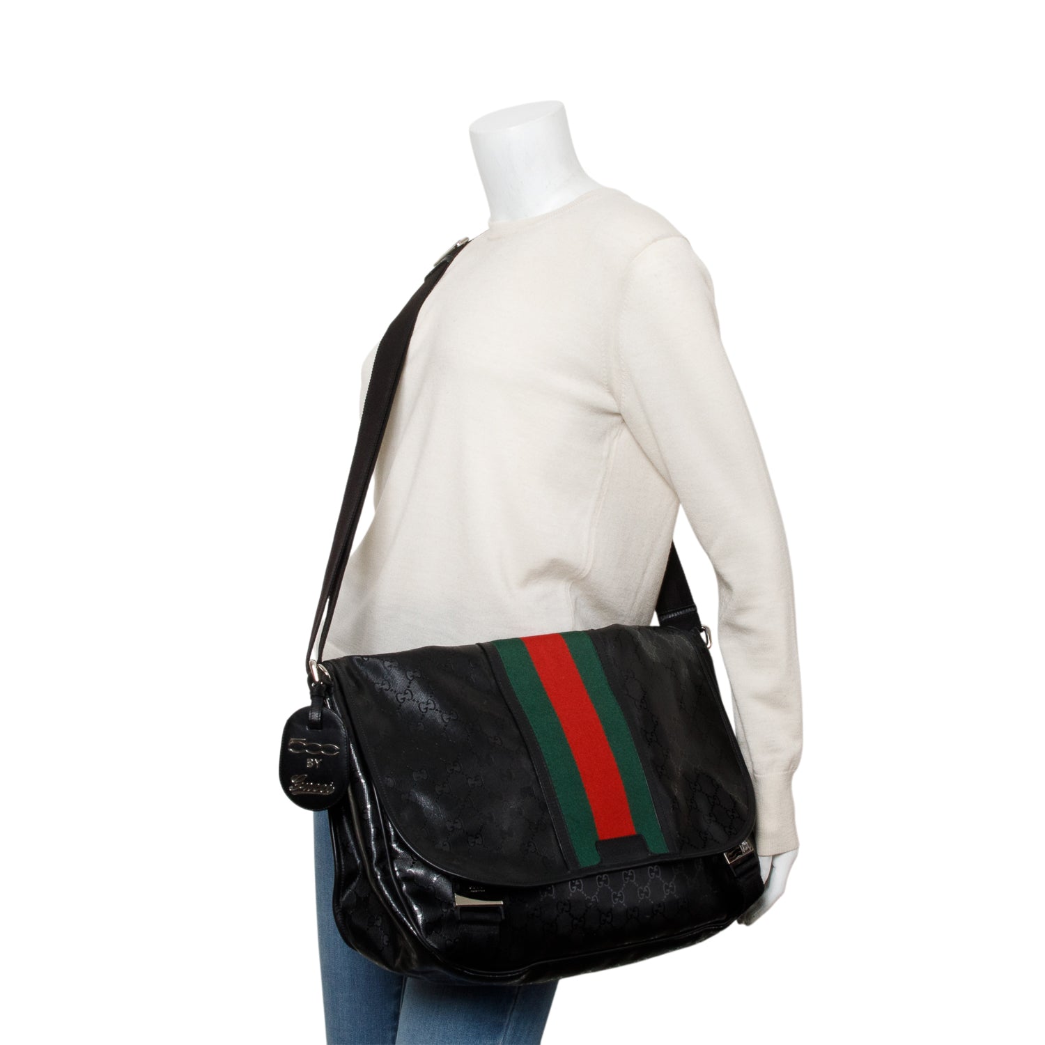 Gucci Black Imprime Monogram Medium Web 500 Double Buckle Flap Messenger Bag w/ Receipt