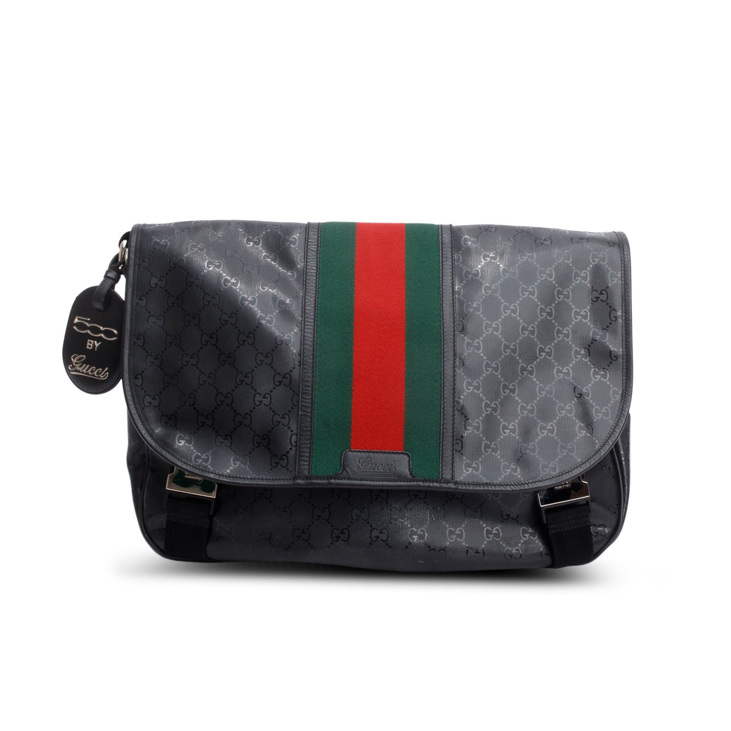 Gucci Black Imprime Monogram Medium Web 500 Double Buckle Flap Messenger Bag w/ Receipt