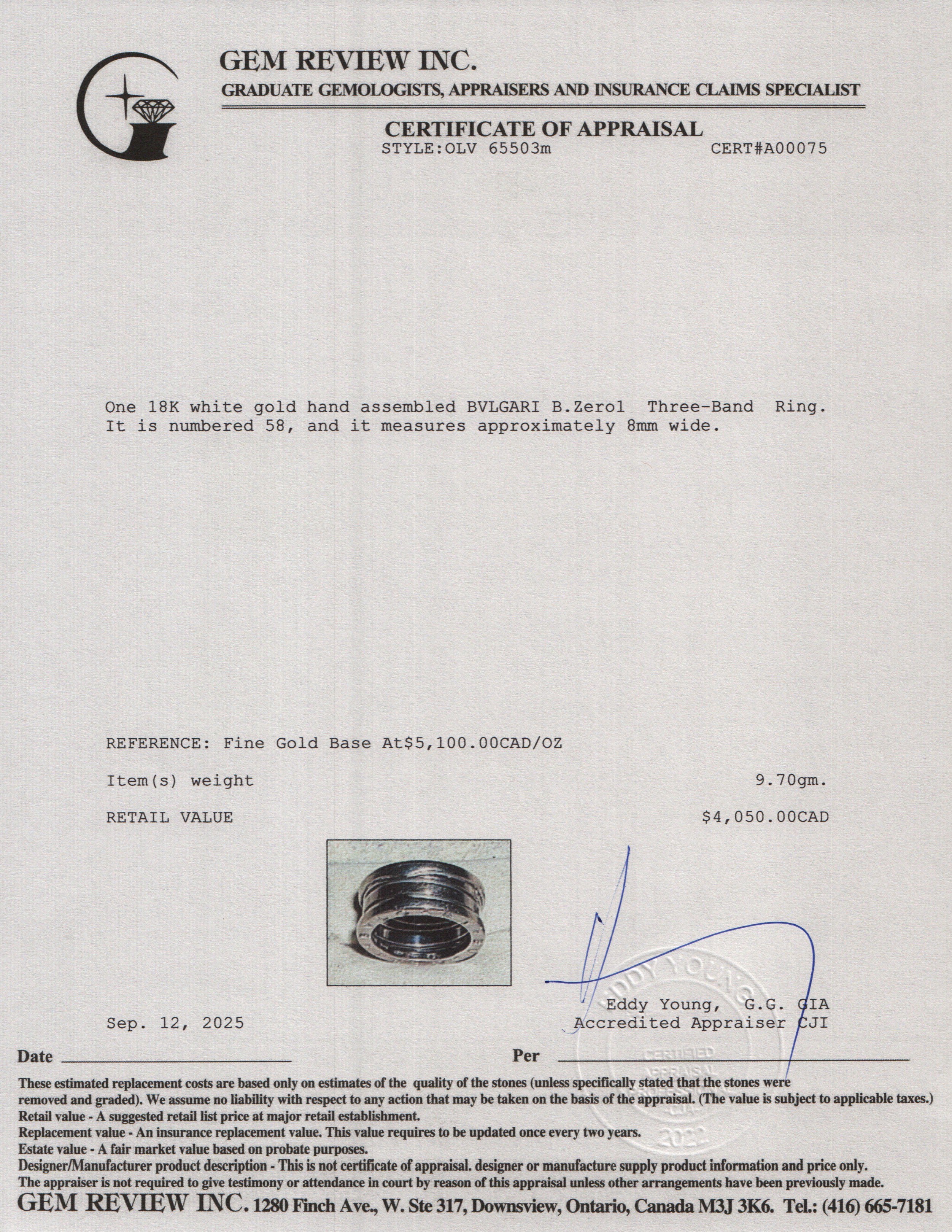 BVLGARI 18k White Gold B.Zero1 Three-Band Ring, Size 58 8.5