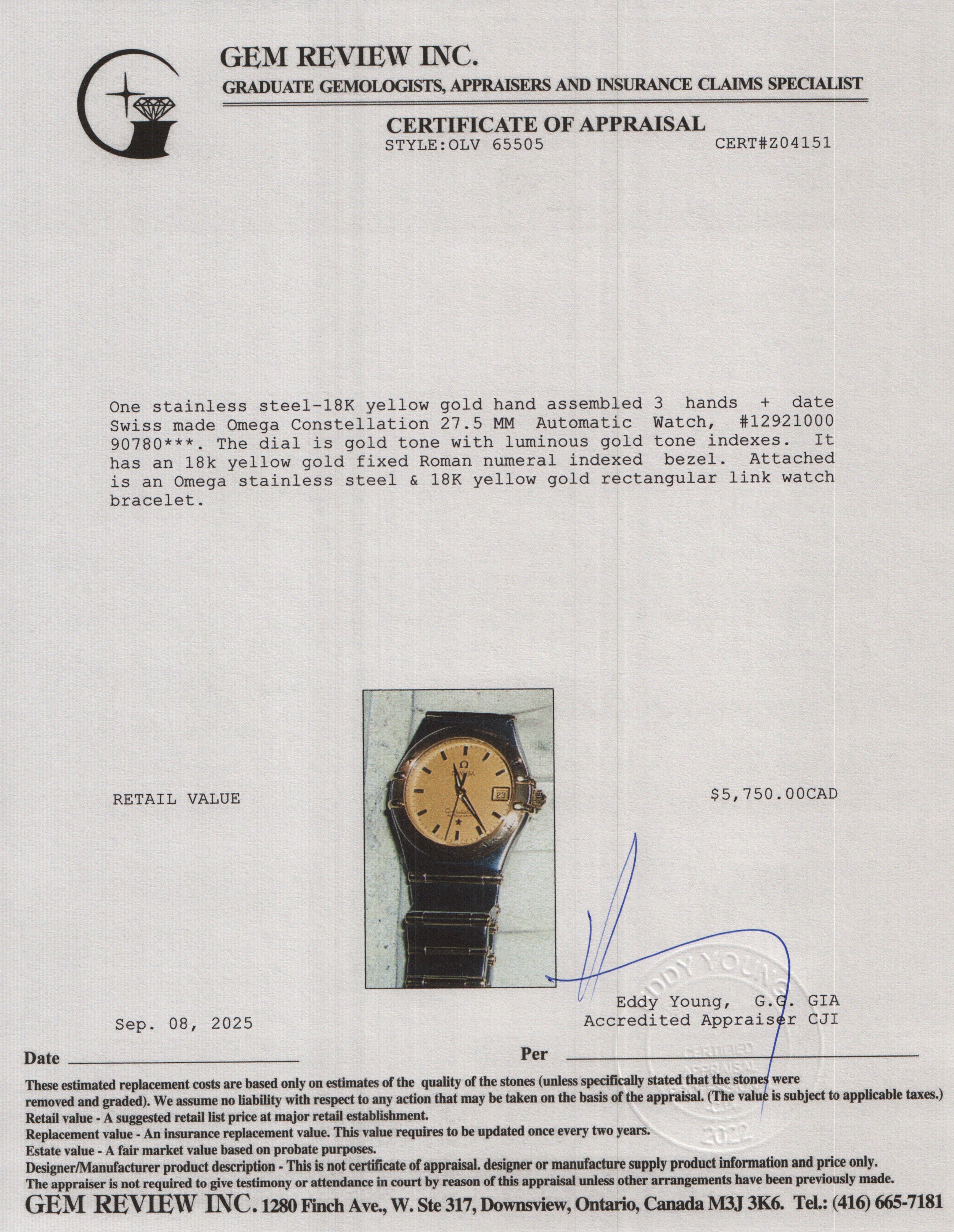 Omega Stainless Steel & 18k Yellow Gold Constellation 27.5 MM Automatic Watch w/ Papers