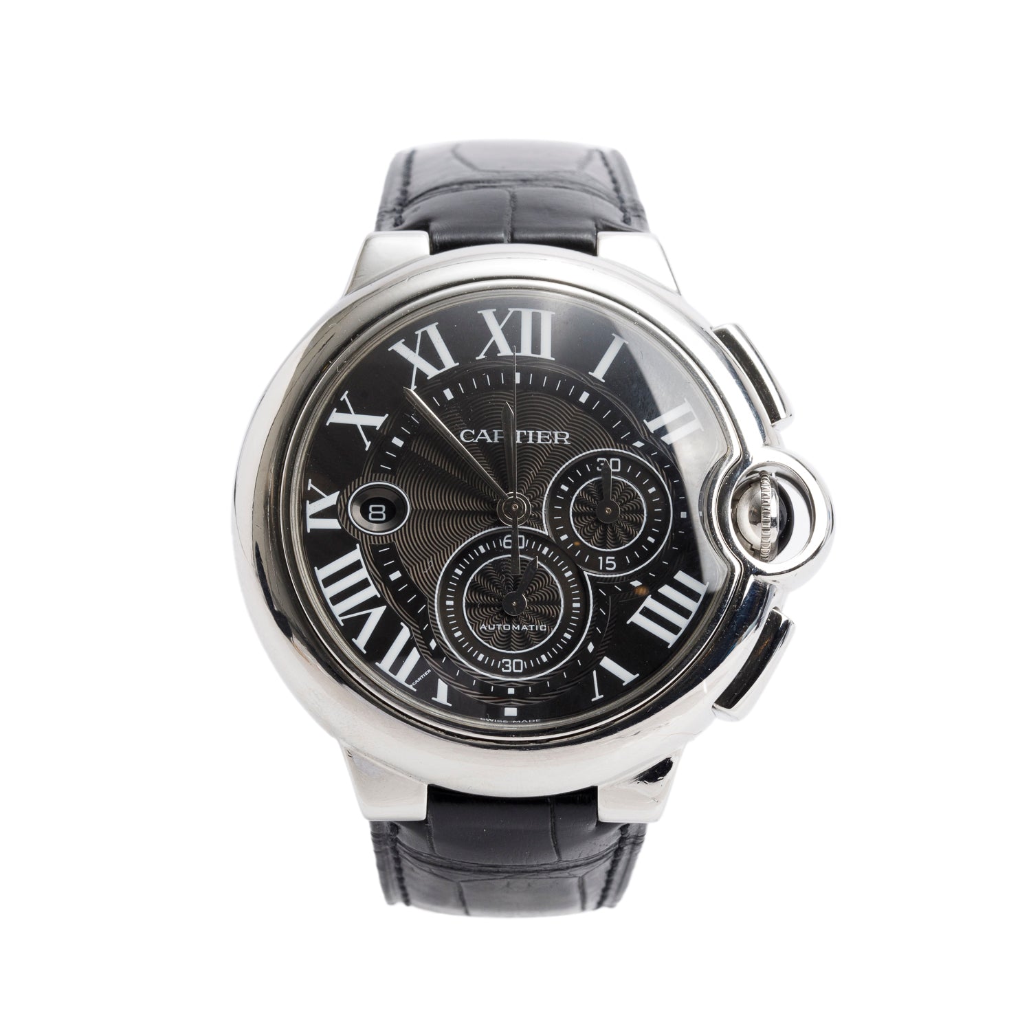 Cartier Stainless Steel Ballon Bleu de Cartier 44 MM Automatic Chronograph Watch Black Dial 3109