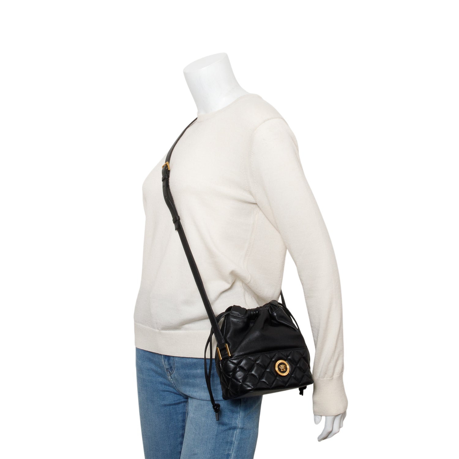 Versace Black Quilted Calfskin Leather Medusa Drawstring Crossbody Bag