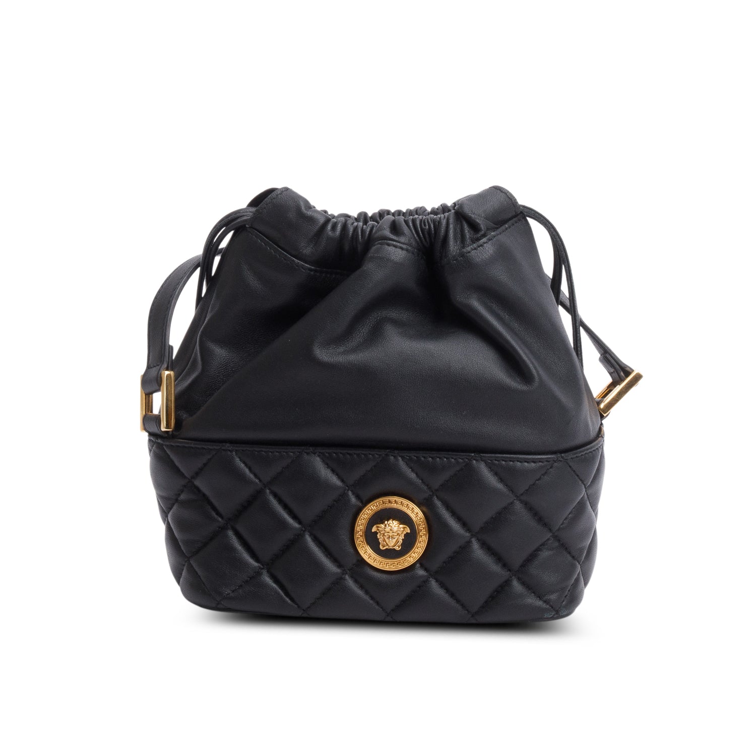 Versace Black Quilted Calfskin Leather Medusa Drawstring Crossbody Bag