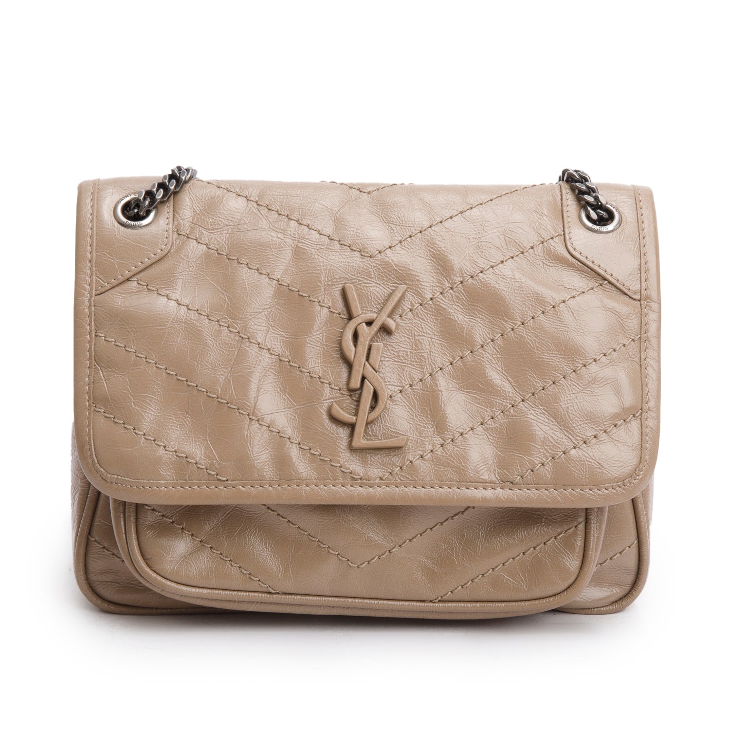 Saint Laurent Beige Crinkled Calfskin Matelasse Leather Baby Niki Shoulder Bag