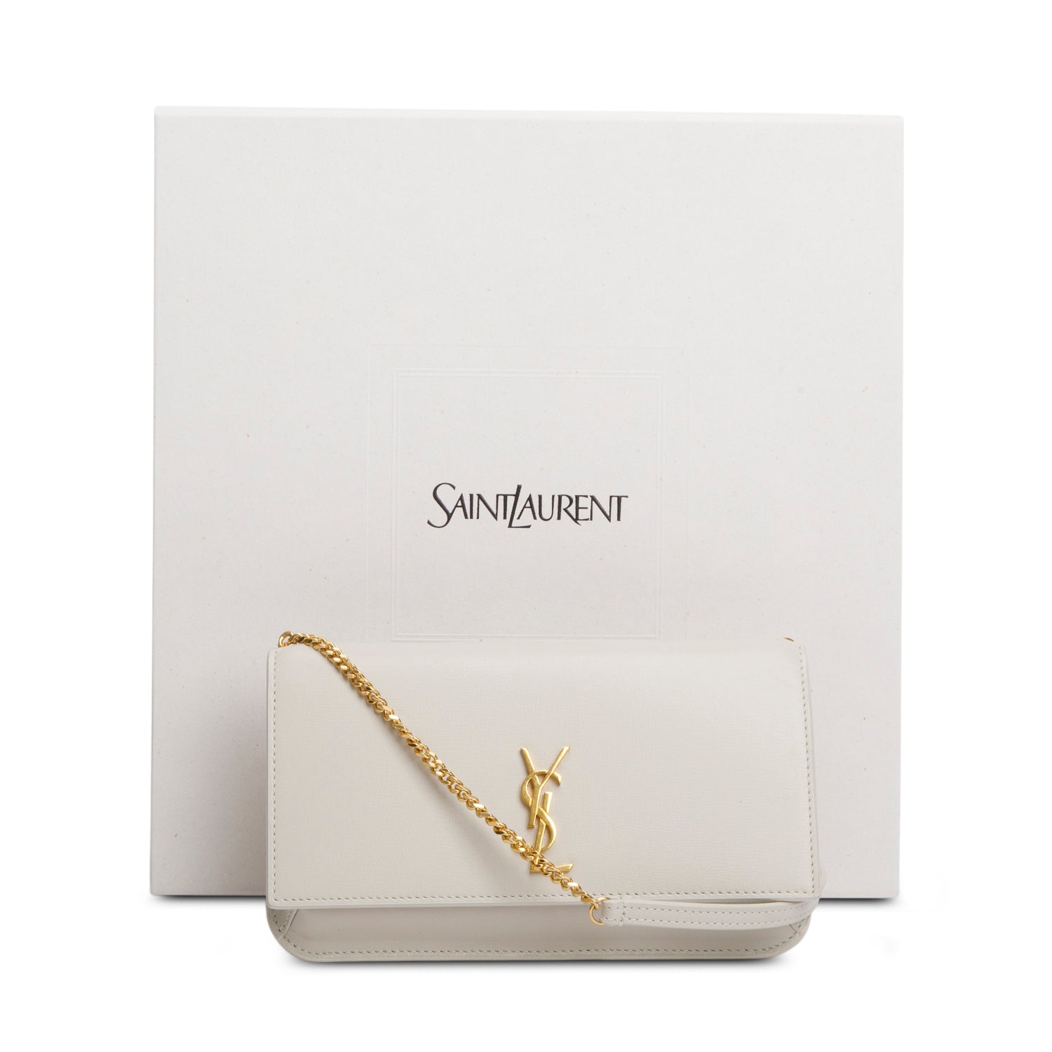 Saint Laurent 2024 White Smooth Leather Cassandre Phone Holder Bag w/ Box