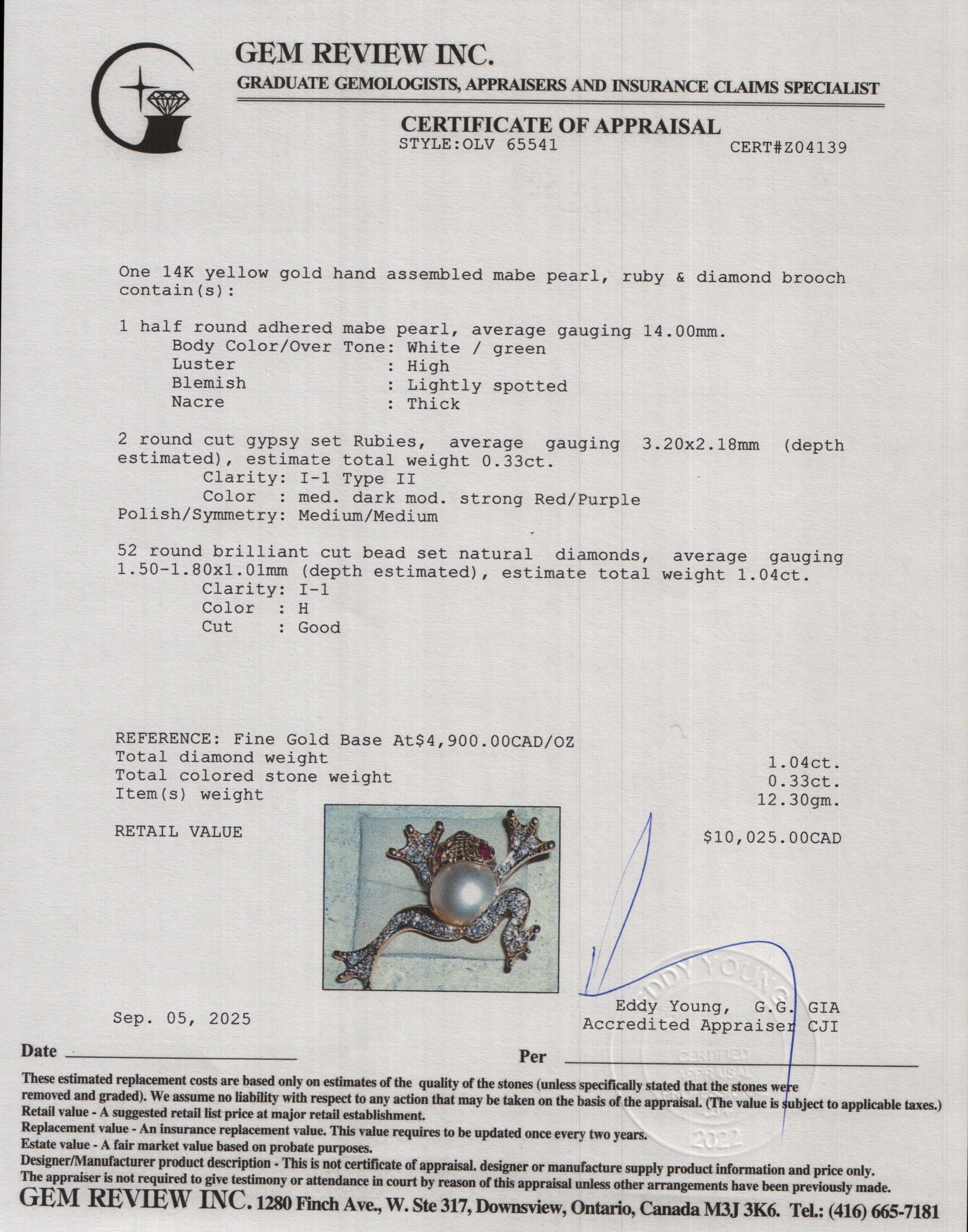 14k Yellow Gold Mabe Pearls, Ruby & Diamond Frog Pin Brooch