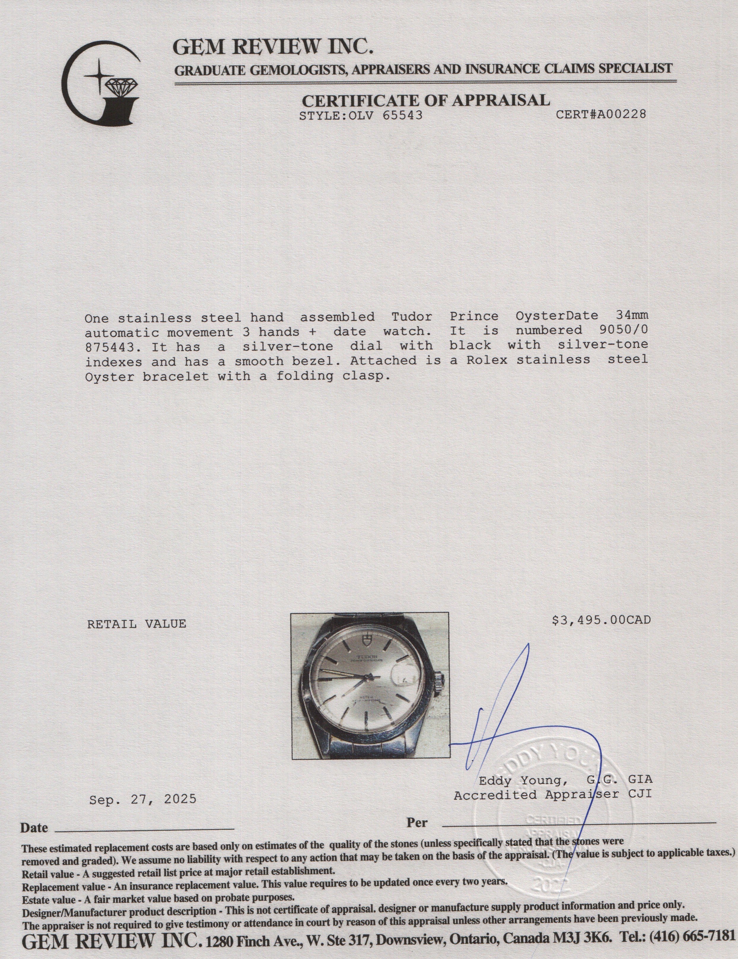 Tudor Stainless Steel Prince OysterDate 34 MM Quartz Watch Silver Dial