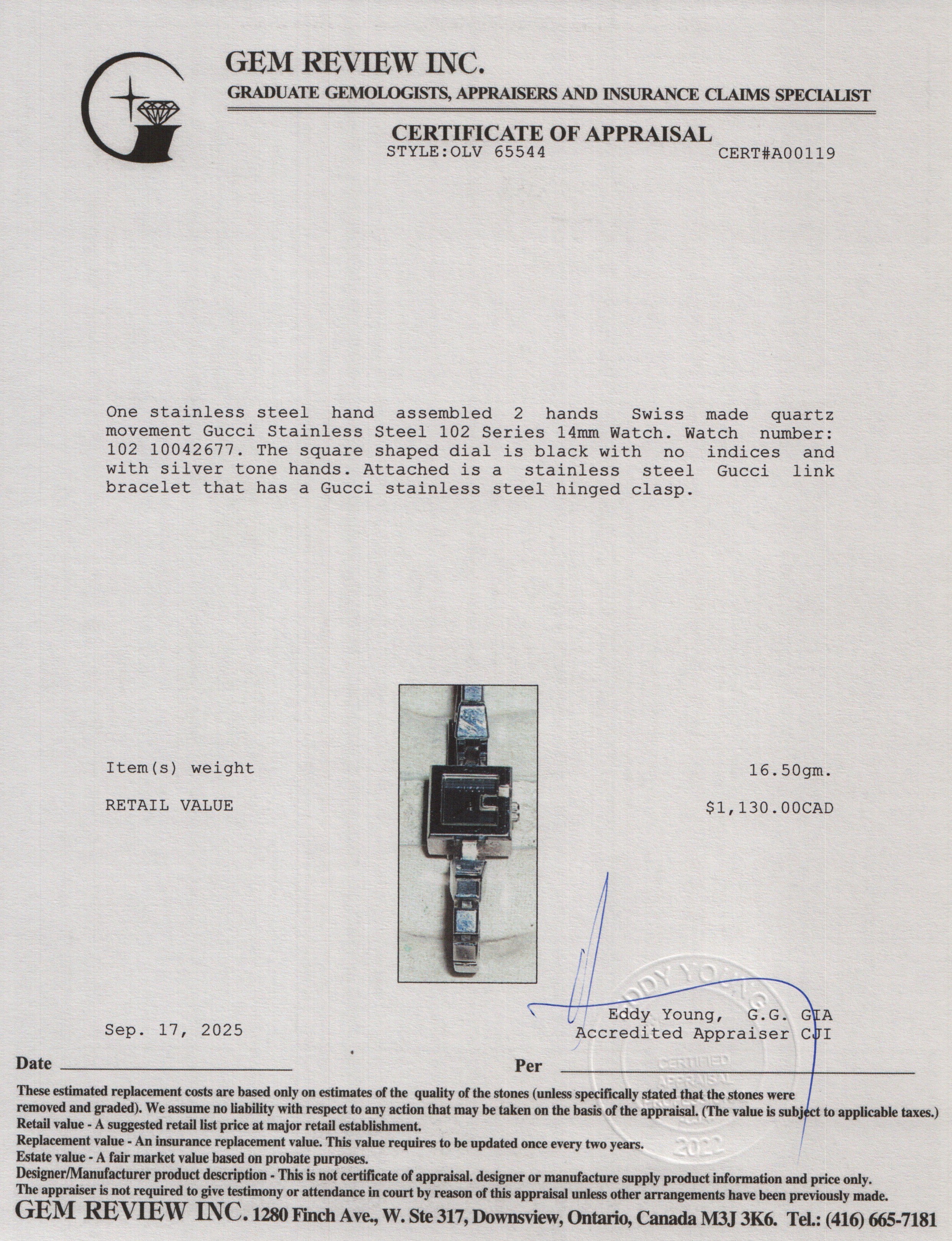 Gucci Stainless Steel Black Dial 102 Series 14 MM Watch