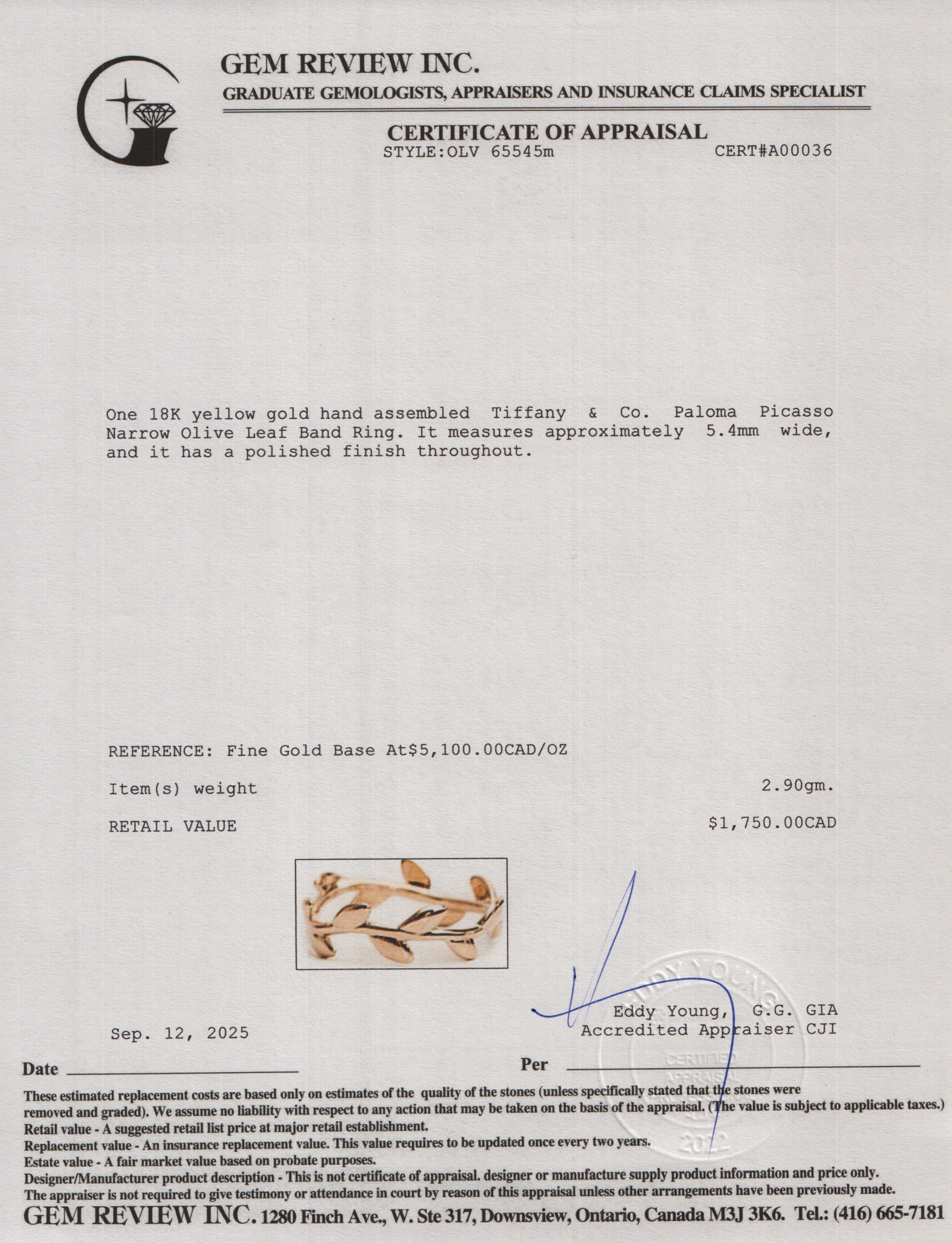 Tiffany & Co. Paloma Picasso 18k Yellow Gold Narrow Olive Leaf Band Ring, Size 7