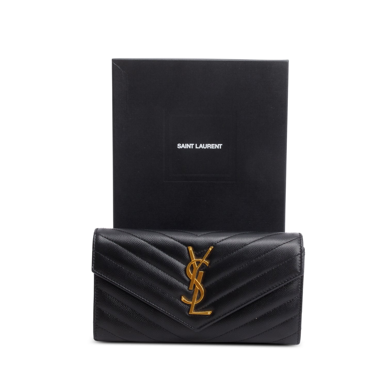 Saint Laurent 2021 Black Lambskin Leather Cassandre Matelasse Large Flap Wallet w/ Box