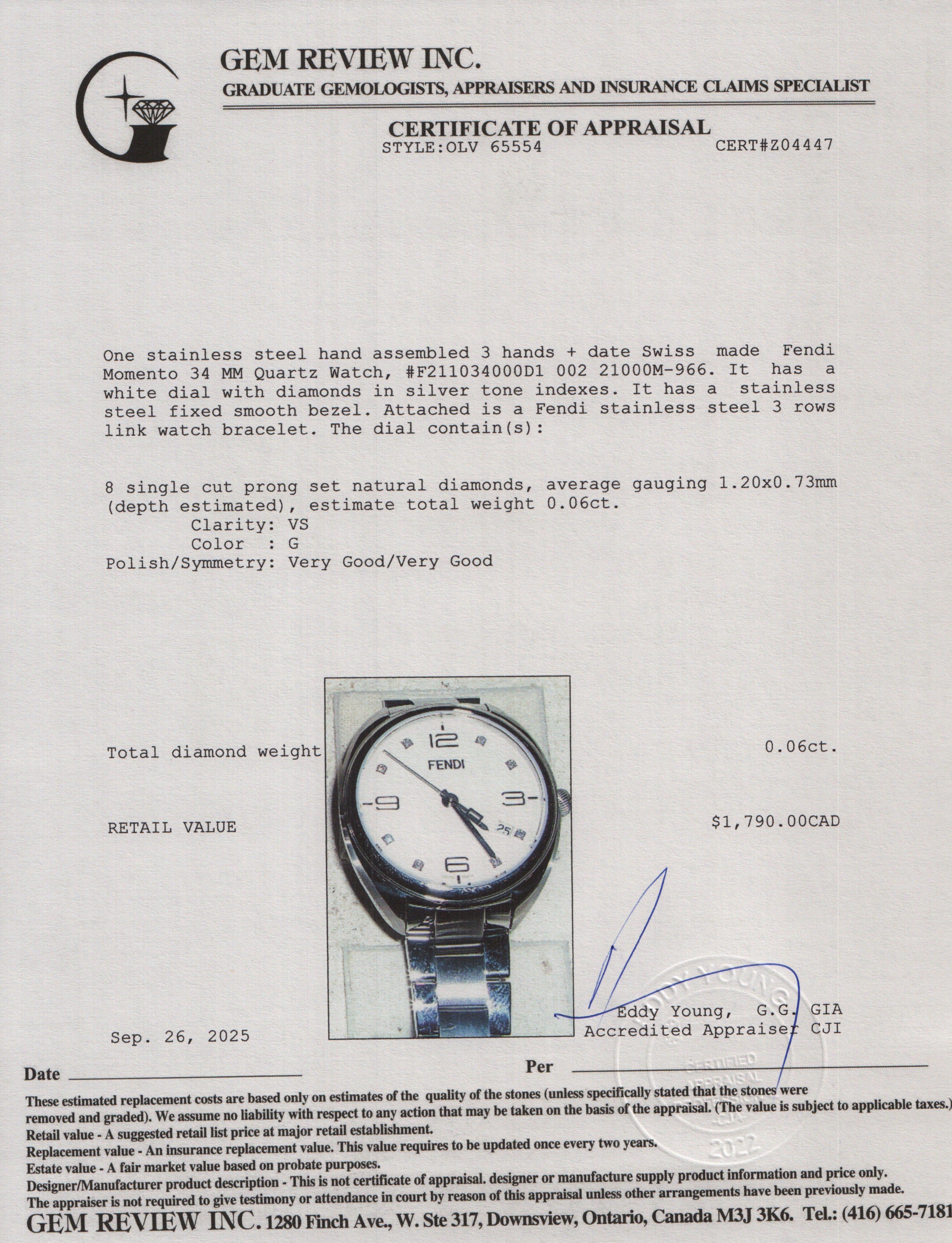 Fendi Stainless Steel White Diamond Dial Momento 34 MM Quartz Watch w/ Box