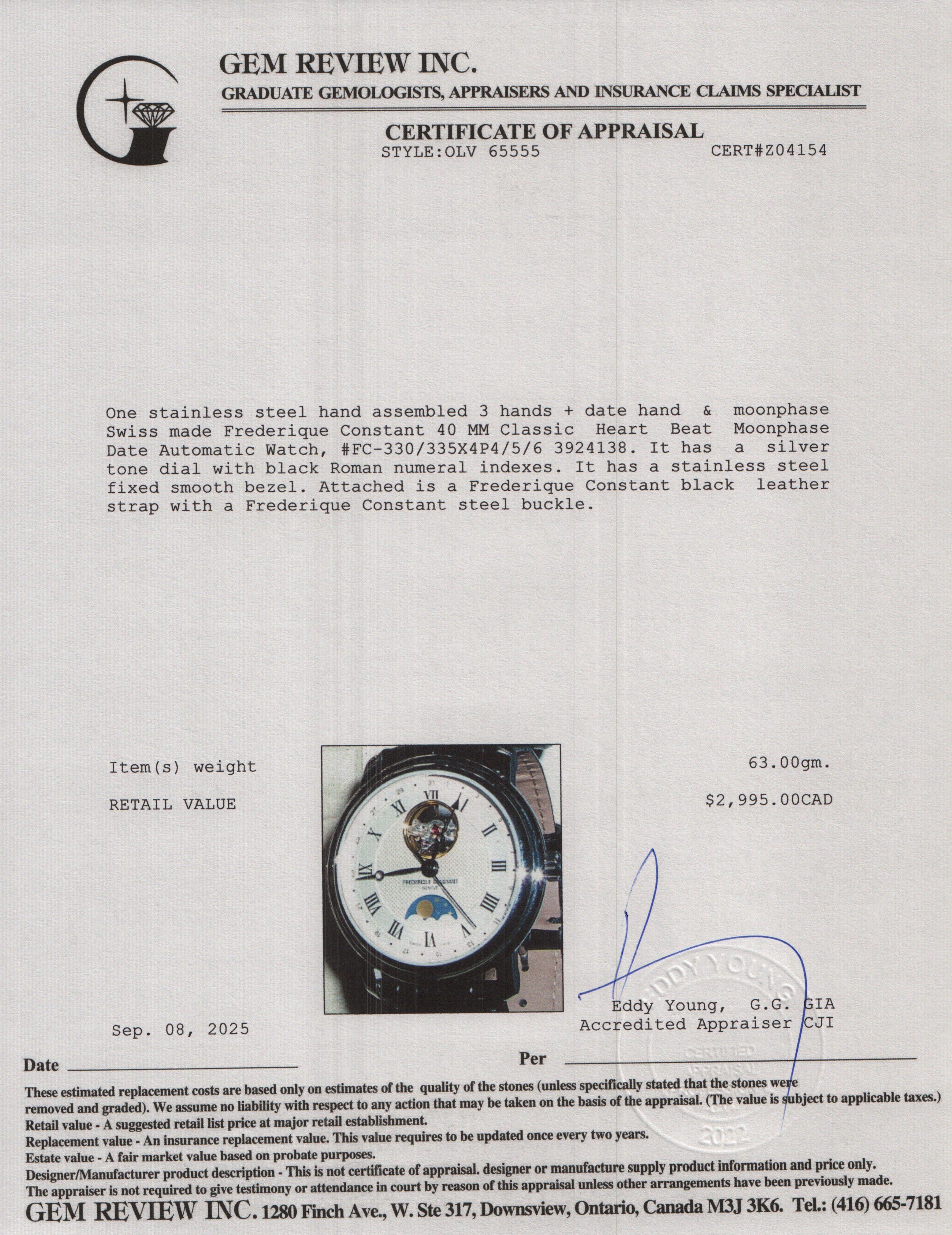 Frederique Constant Stainless Steel 40 MM Classic Heart Beat Moonphase Date Automatic Watch w/ Box