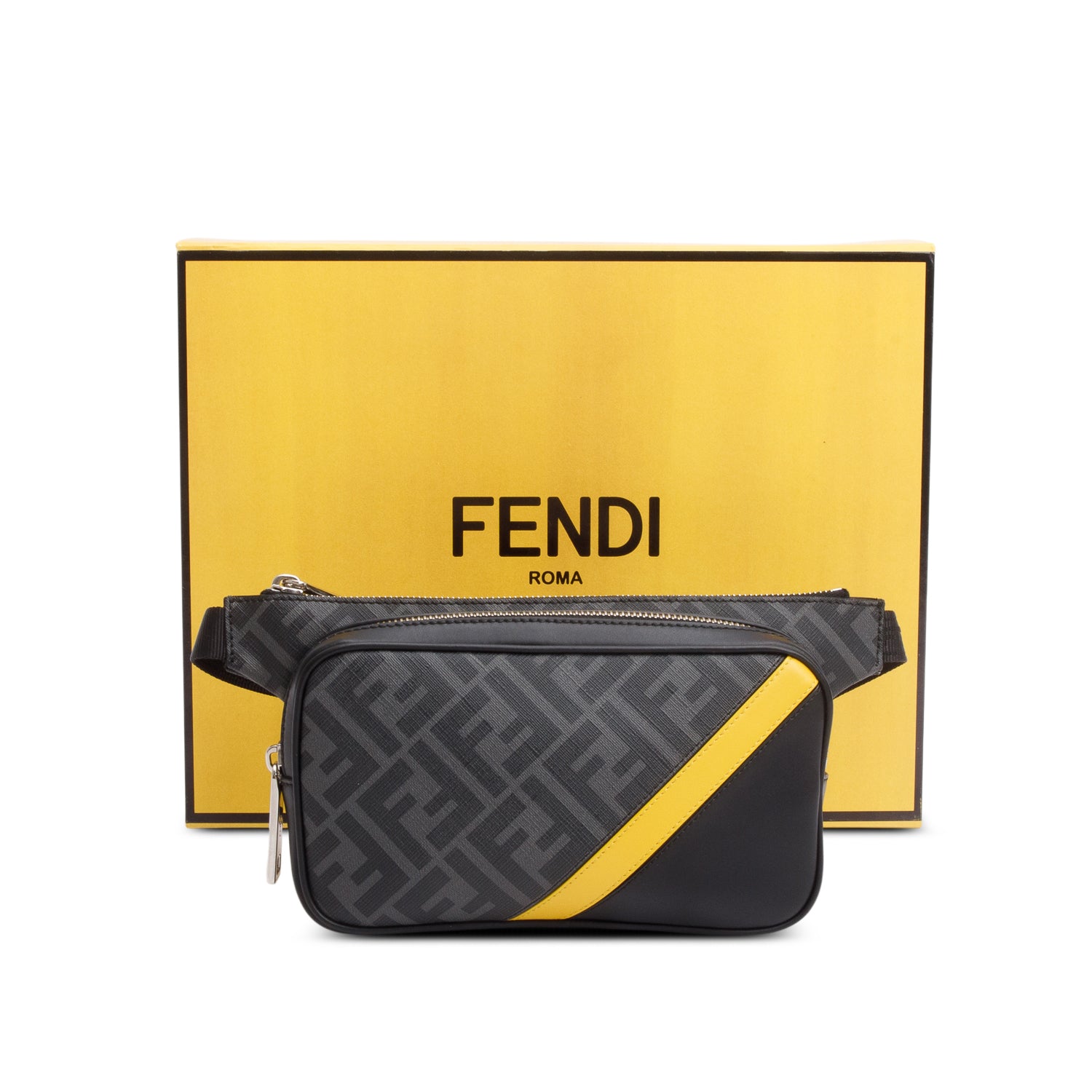 Fendi 2023 Grey Glazed Fabric Vitello Liberty FF Diagonal Belt Bag w/ Box & Receipt