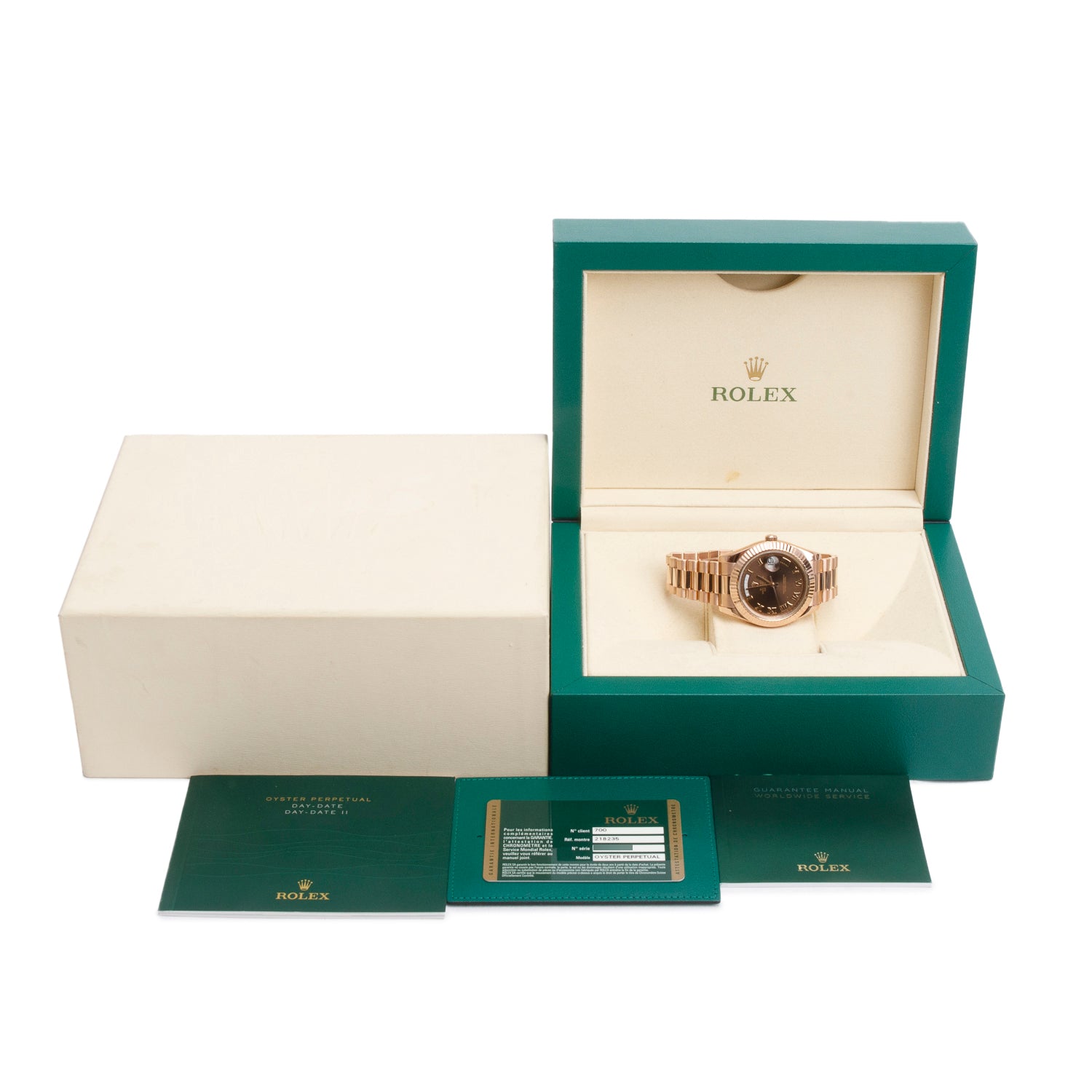 Rolex 18k Everose Gold Day Date II 41 MM President Watch Chocolate Roman Dial 218235 w/ Box & Papers