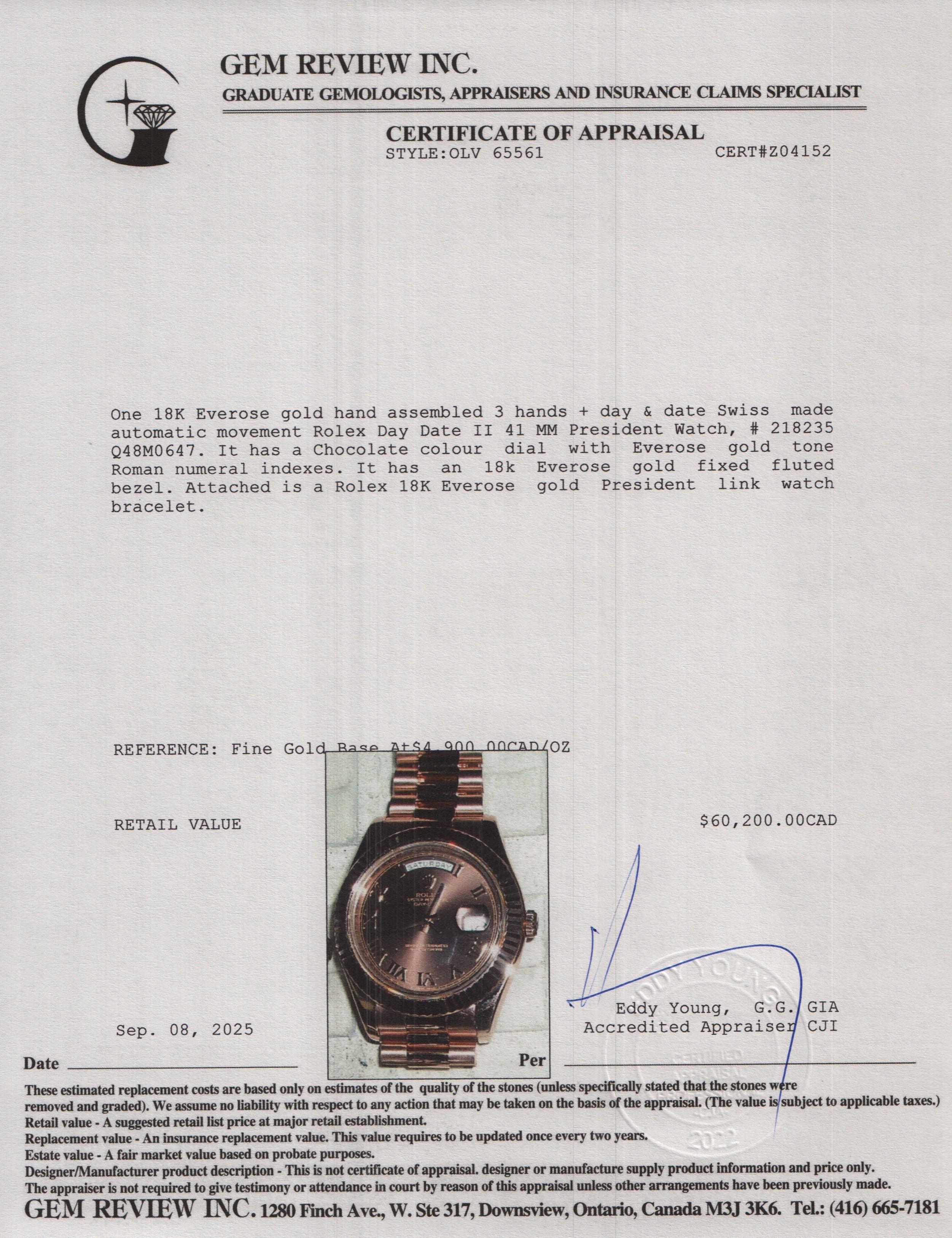 Rolex 18k Everose Gold Day Date II 41 MM President Watch Chocolate Roman Dial 218235 w/ Box & Papers