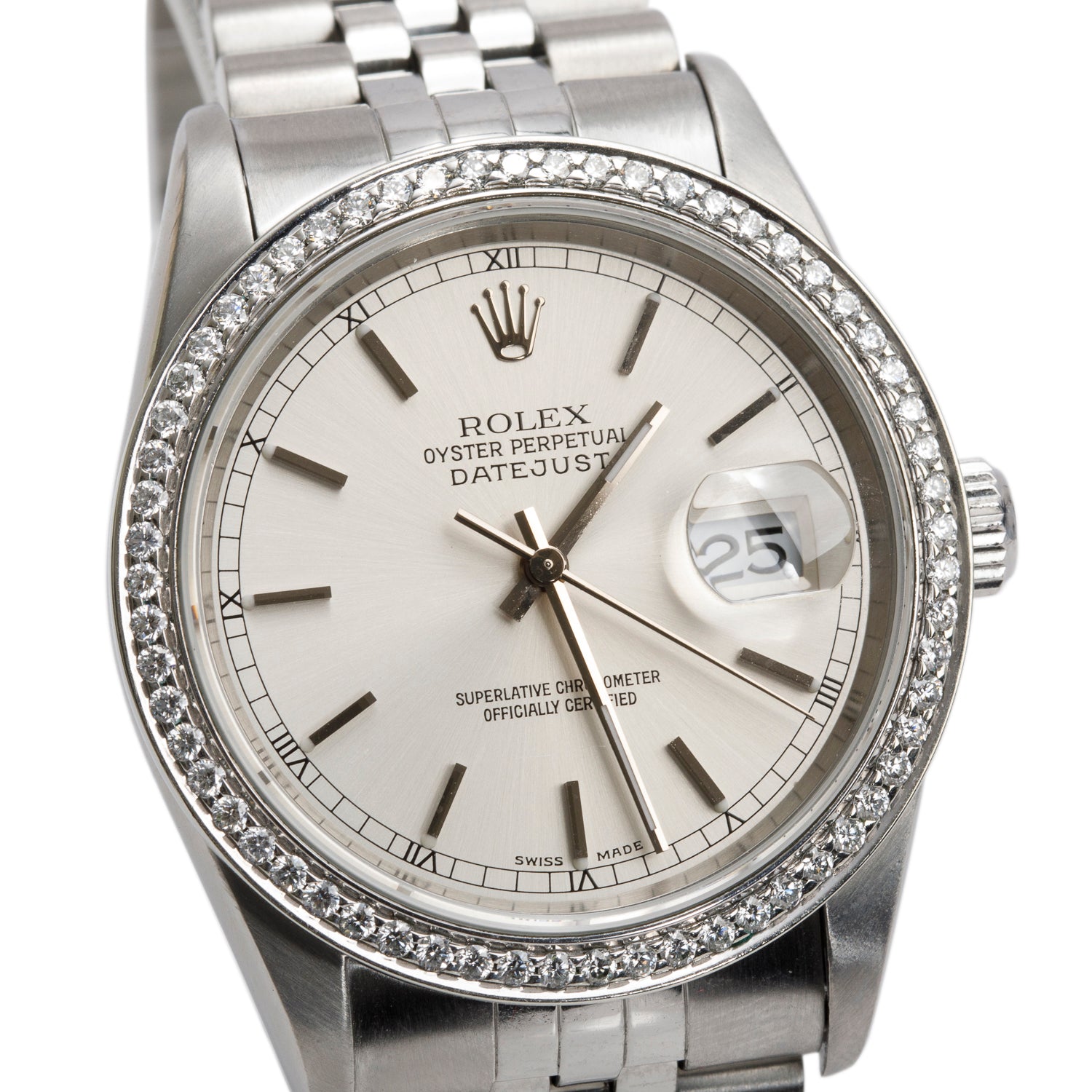 Rolex Stainless Steel Aftermarket Diamond Bezel Oyster Perpetual Datejust 36 MM Silver Dial Watch Silver Dial 16234