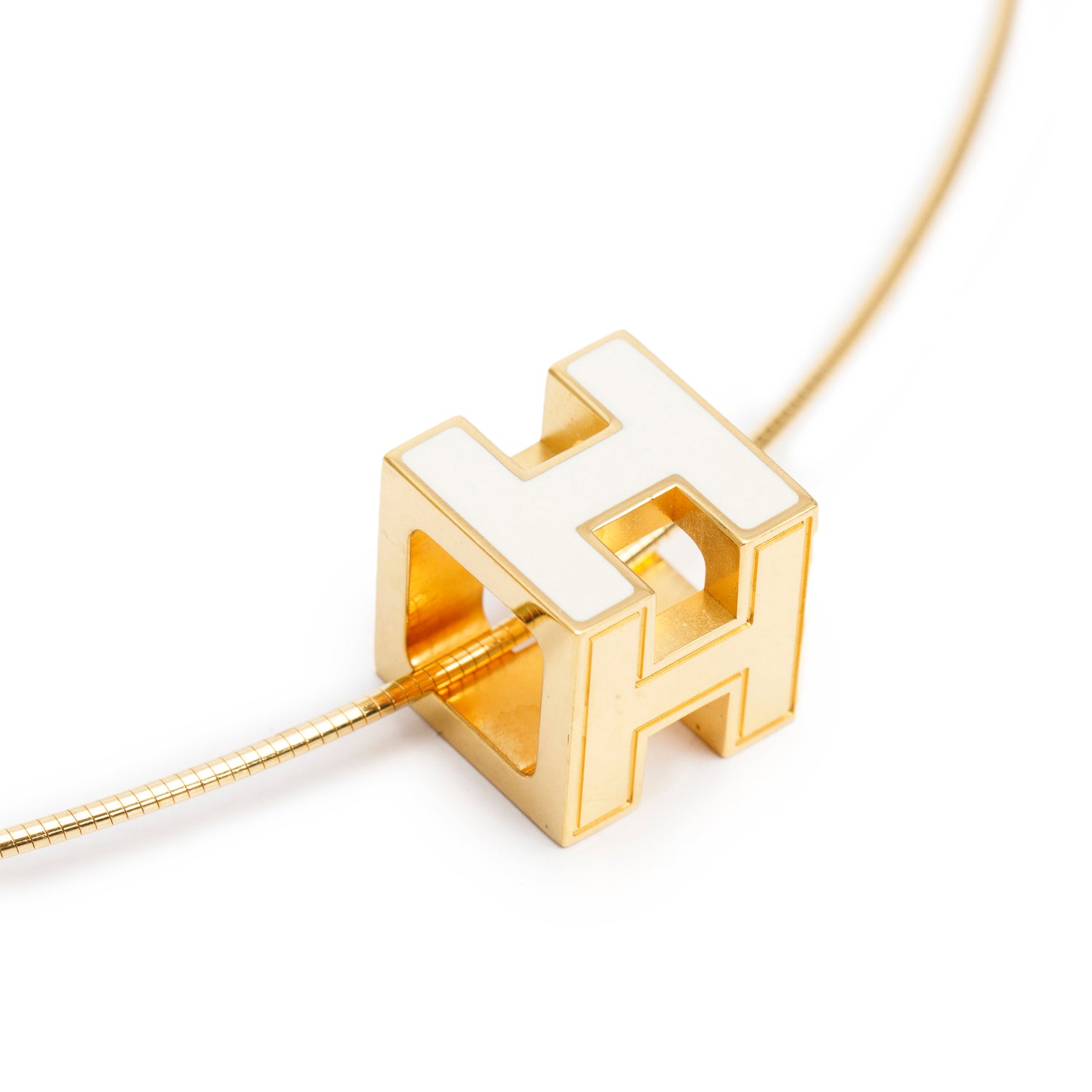 Hermes Gold-Plated White Enamel Pop H Cube Pendant Necklace