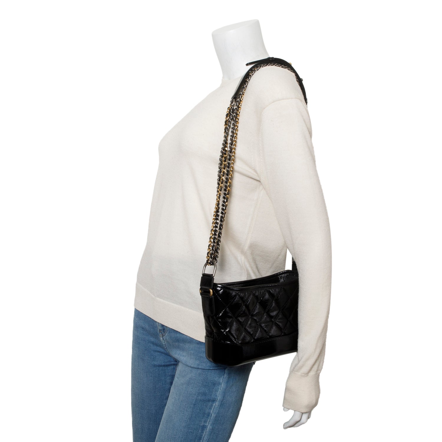 Chanel 2020 Black Patent Leather Aged Lambskin Small Gabrielle Hobo w/ Box, Authenticity Card & Receipt