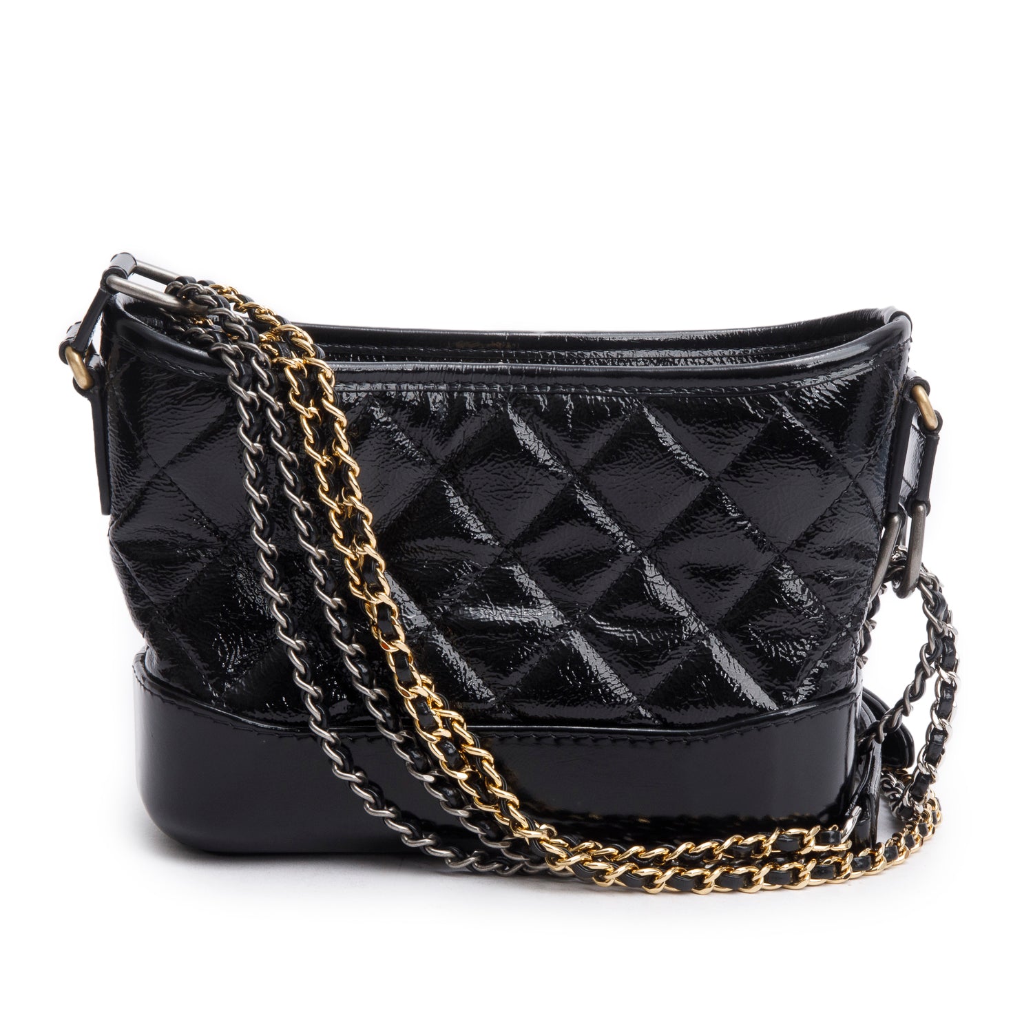 Chanel 2020 Black Patent Leather Aged Lambskin Small Gabrielle Hobo w/ Box, Authenticity Card & Receipt