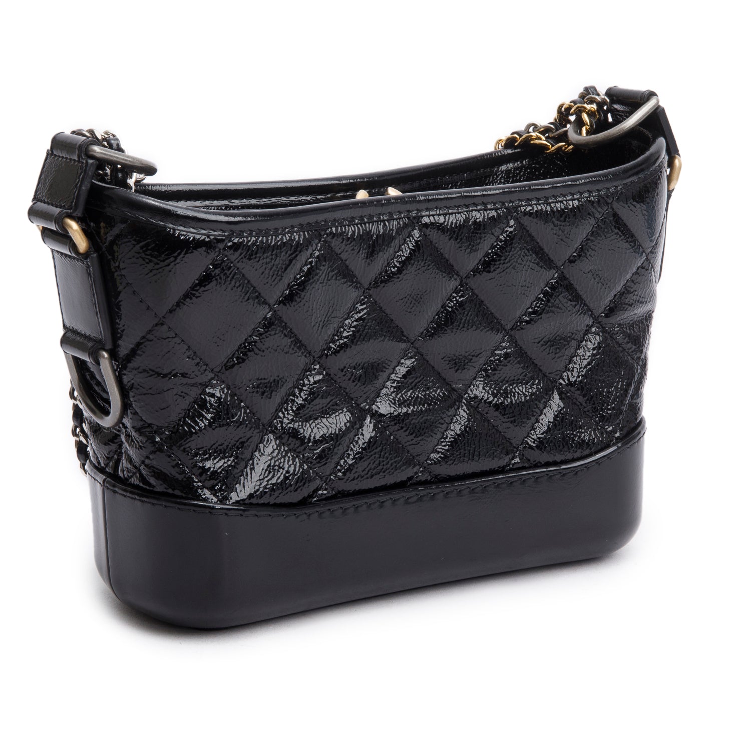 Chanel 2020 Black Patent Leather Aged Lambskin Small Gabrielle Hobo w/ Box, Authenticity Card & Receipt