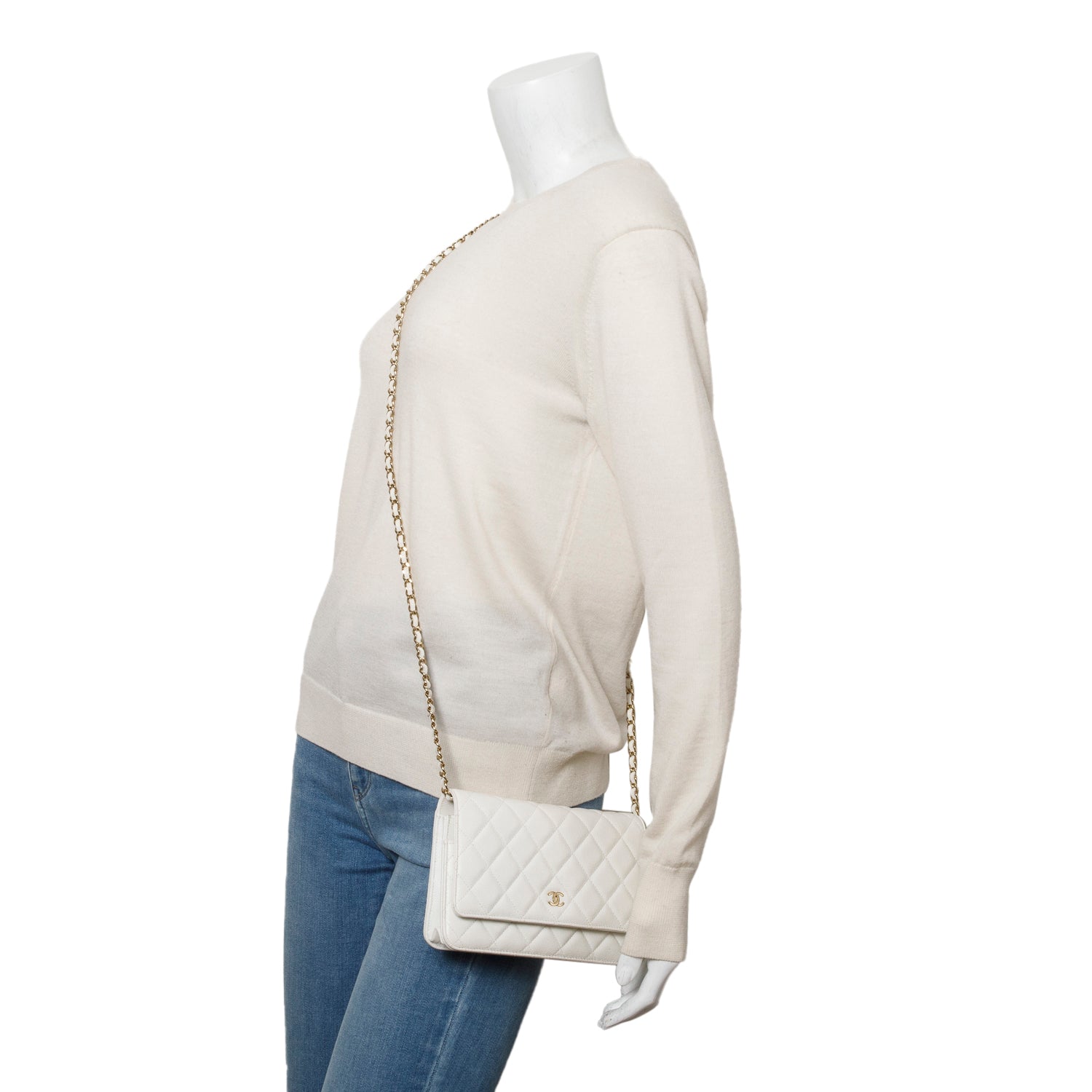 Chanel White Quilted Caviar Leather Classic Wallet on Chain