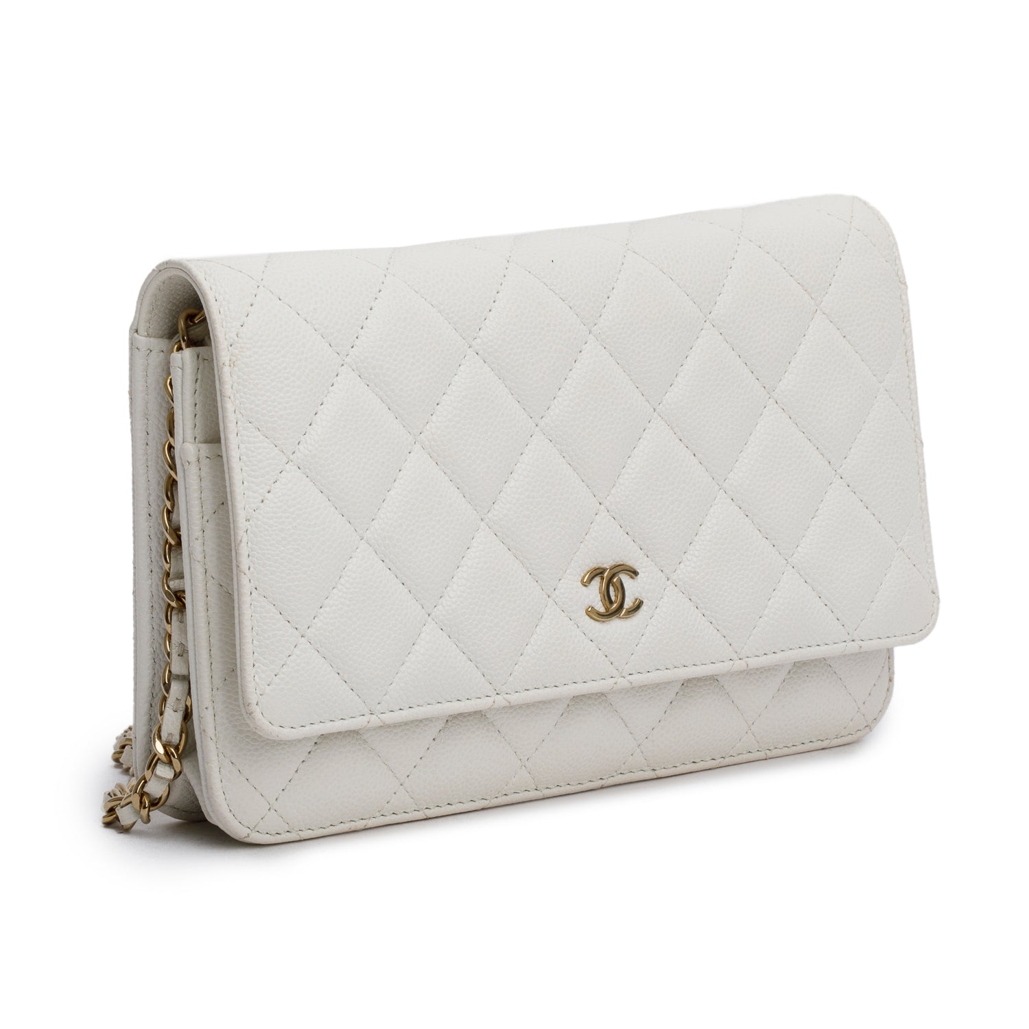 Chanel White Quilted Caviar Leather Classic Wallet on Chain