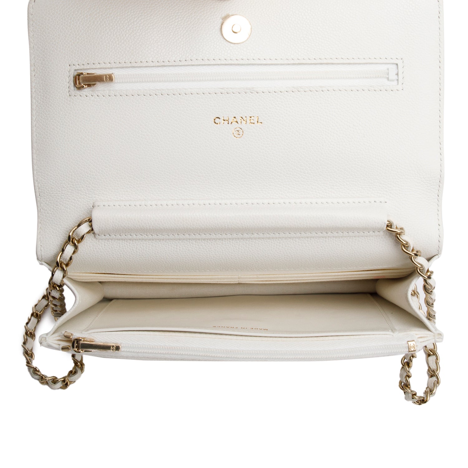 Chanel White Quilted Caviar Leather Classic Wallet on Chain