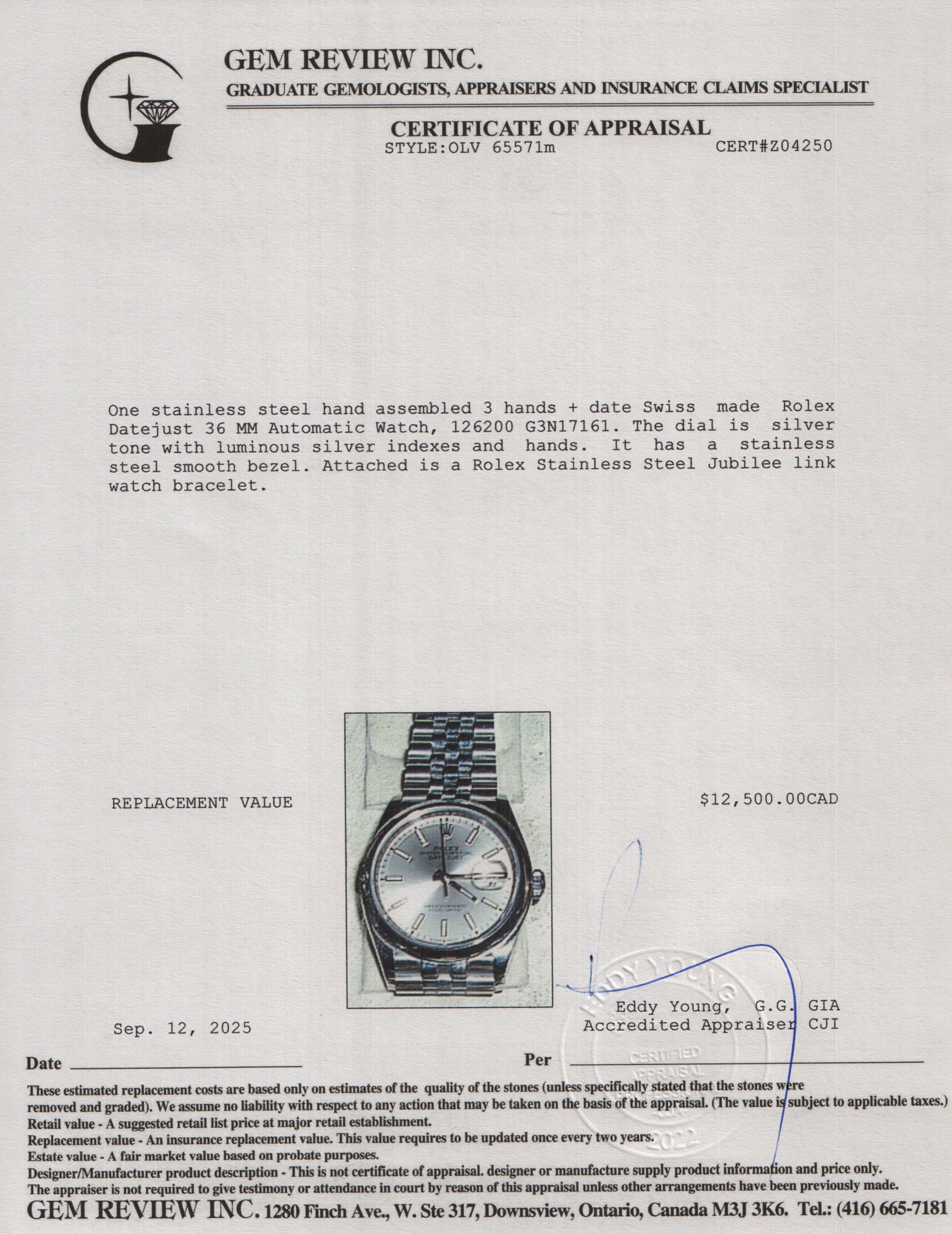 Rolex 2023 Stainless Steel Datejust 36 MM Automatic Watch Silver Dial 126200 w/ Box & Papers