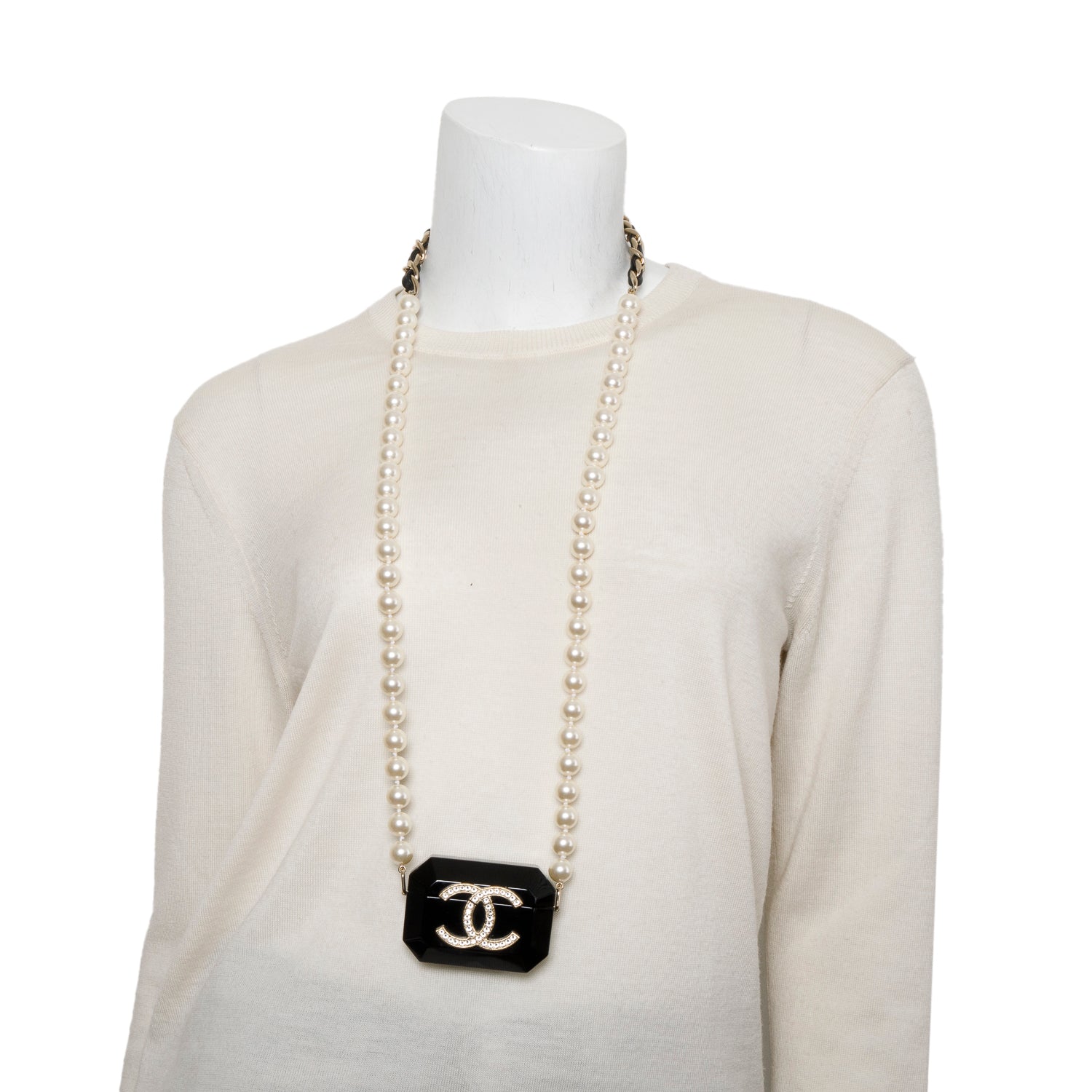 Chanel 2021 Black Resin Crystal CC Faux Pearl Airpod Holder Necklace w/ Box