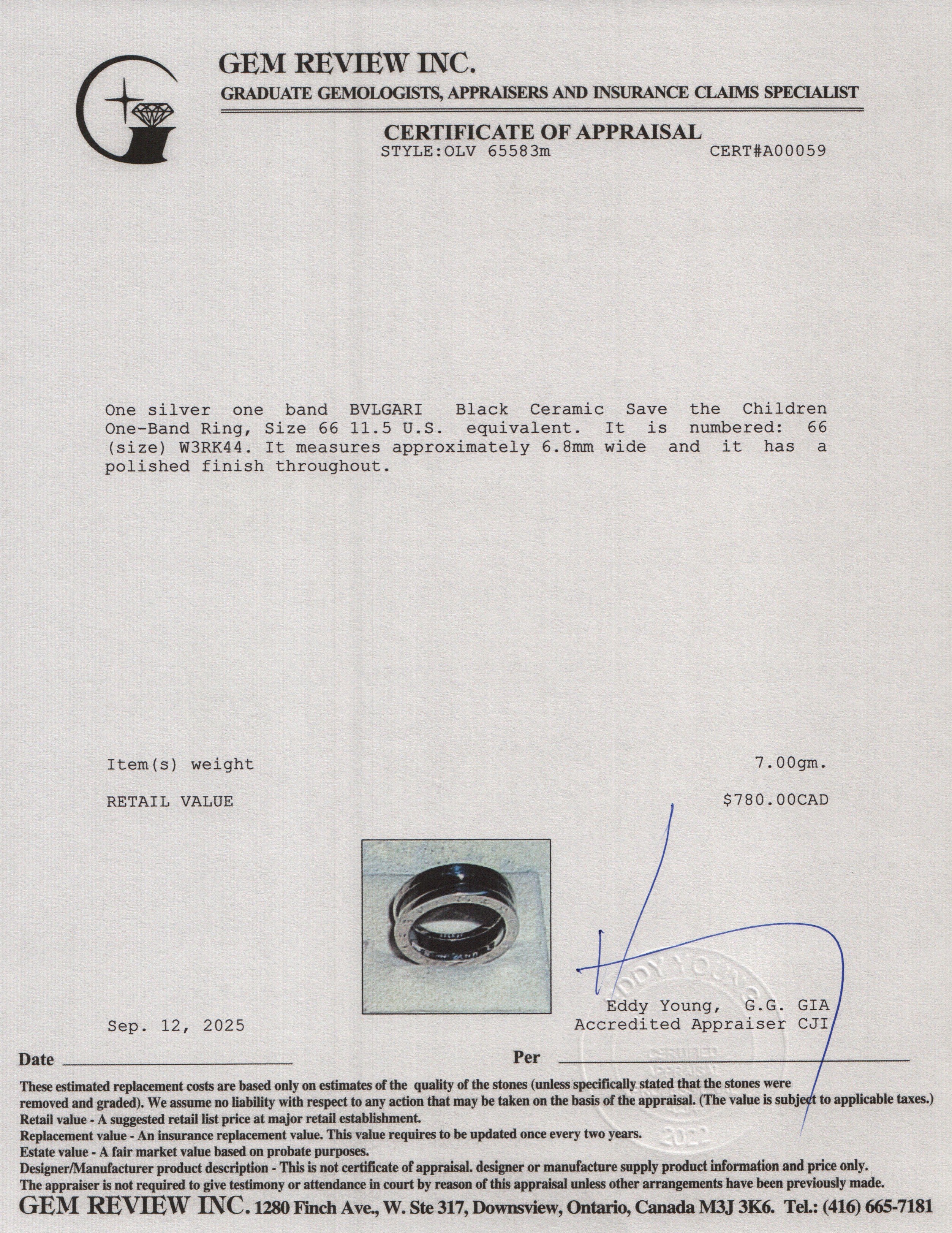 BVLGARI Sterling Silver Black Ceramic Save the Children One-Band Ring, Size 66 11.5 w/ Box