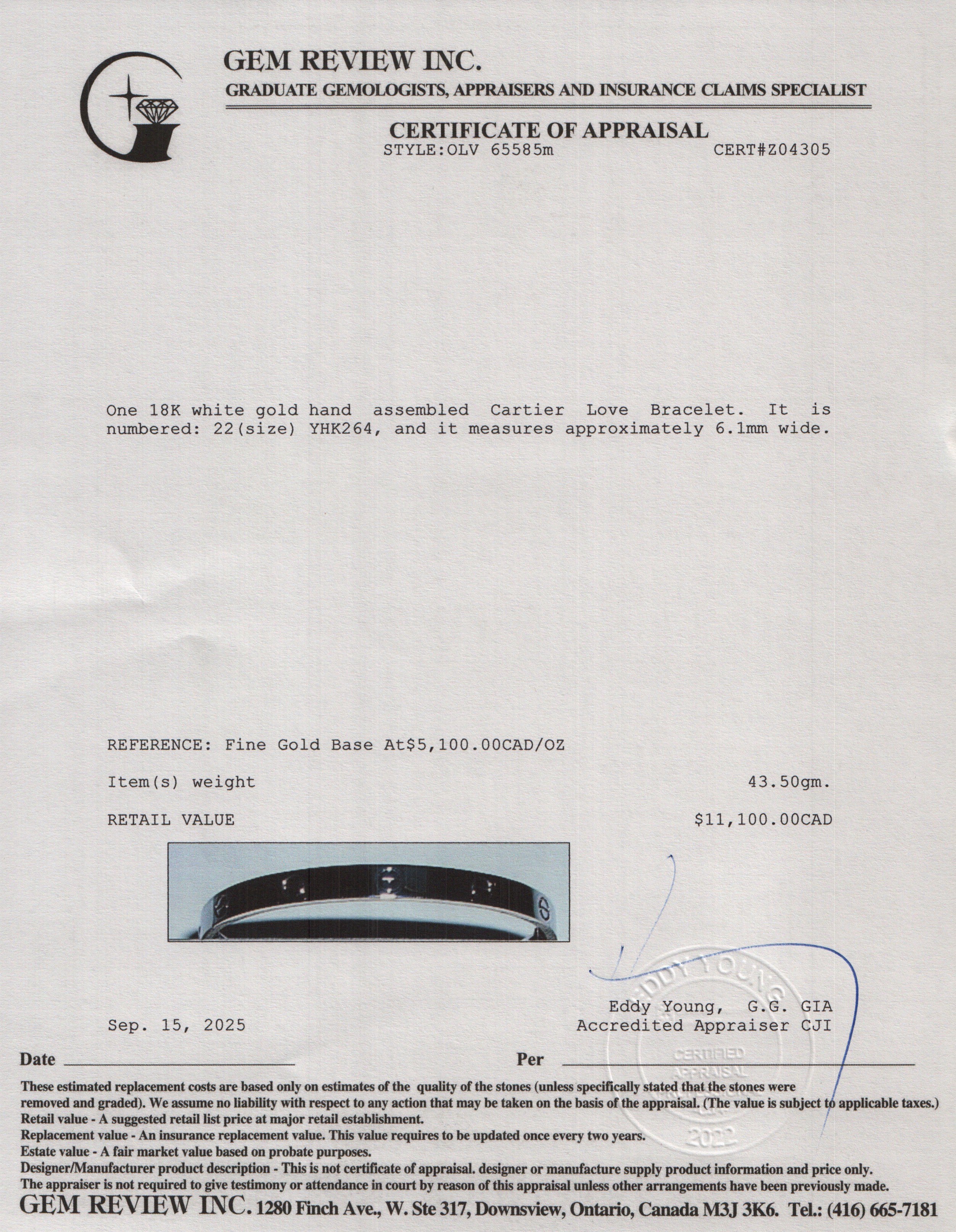 Cartier 18k White Gold Love Bracelet, Size 22