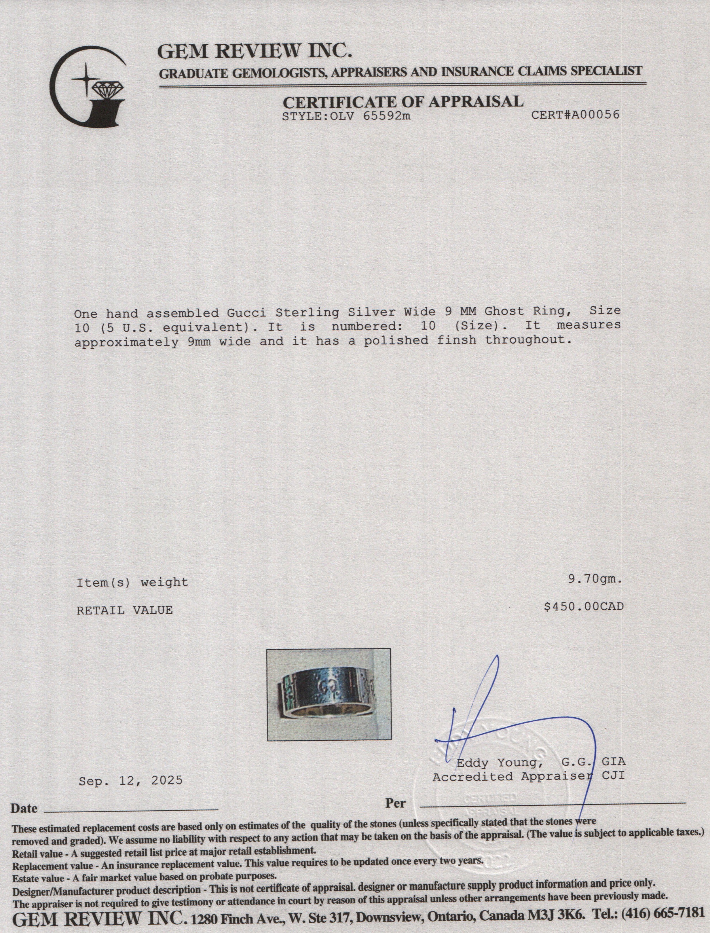 Gucci Sterling Silver Wide 9 MM Ghost Ring, Size 10 5