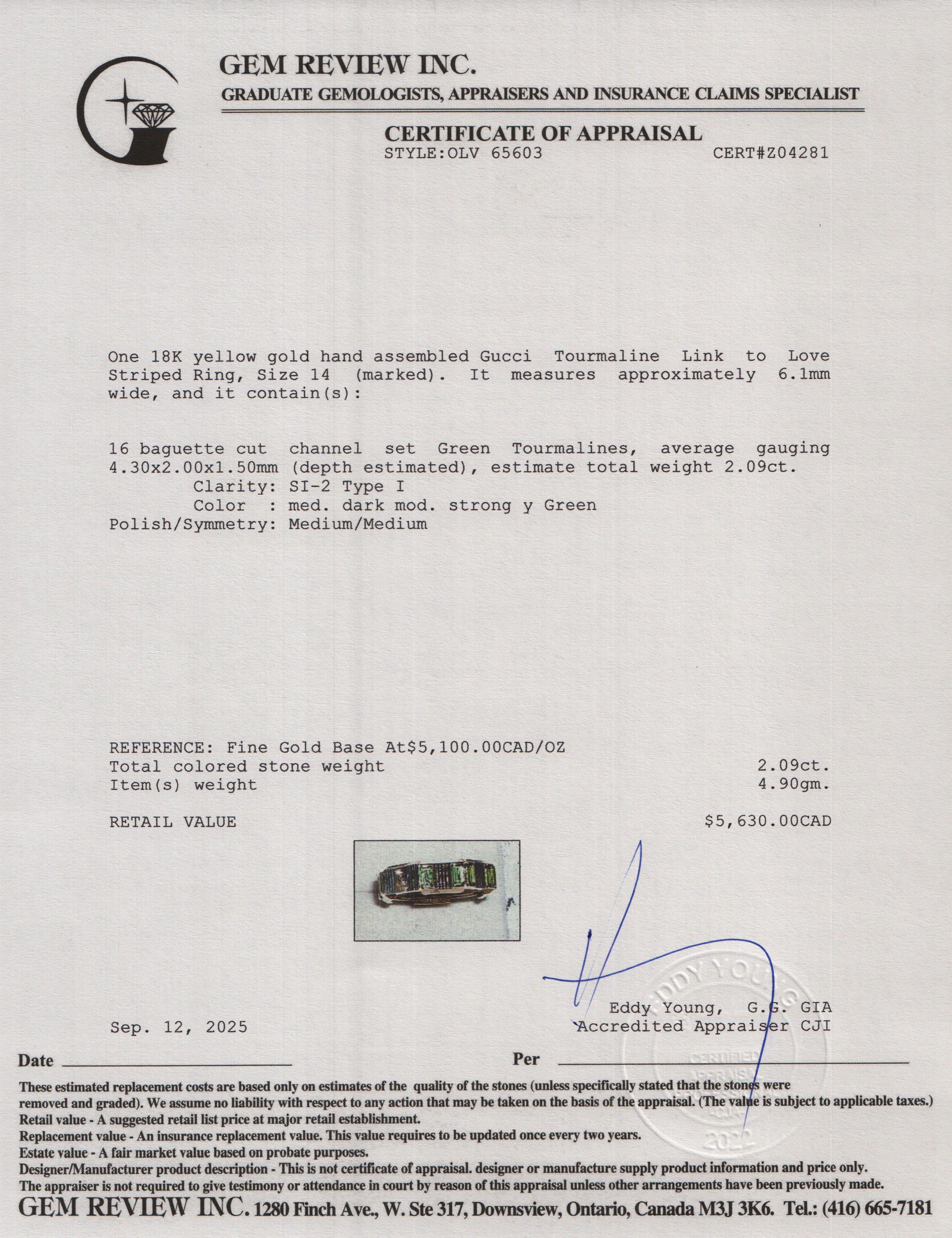 Gucci 18k Yellow Gold Tourmaline Link to Love Striped Ring, Size 14 6.75