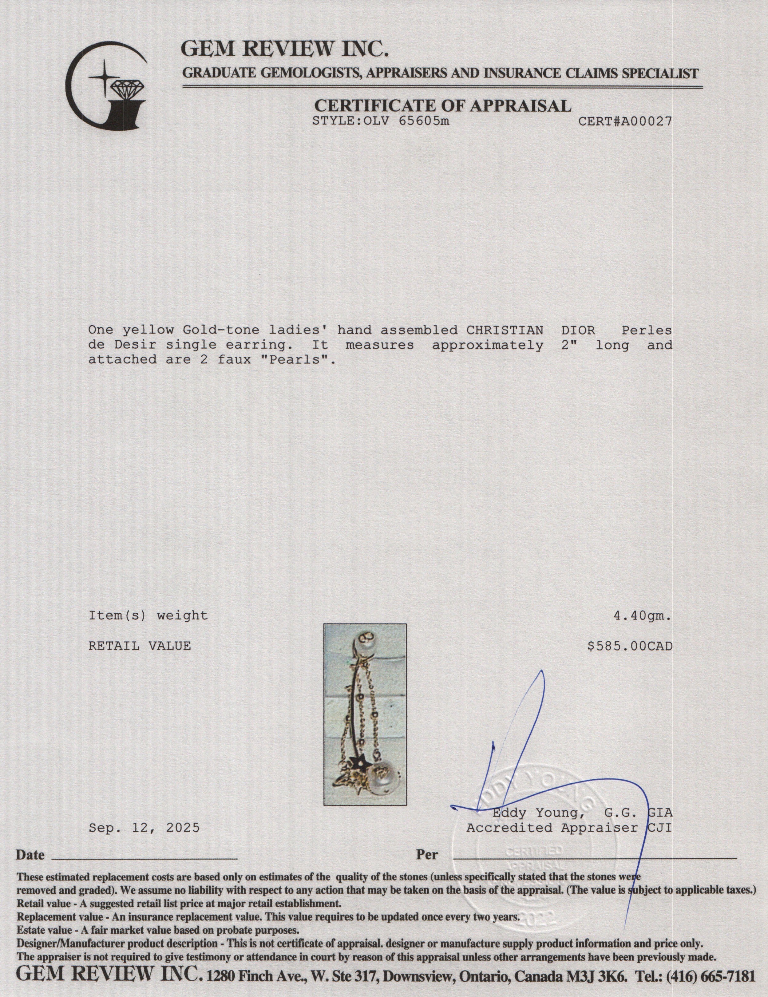 Christian Dior Gold Plated Faux Pearl Perles de Desir Single Earring