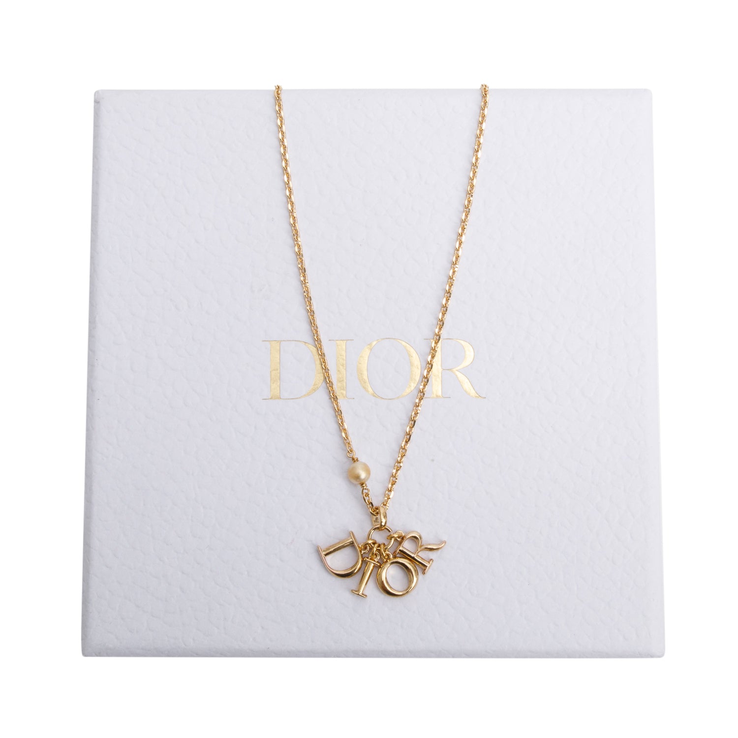 Christian Dior Gold Plated Logo Pendant Necklace w/ Box