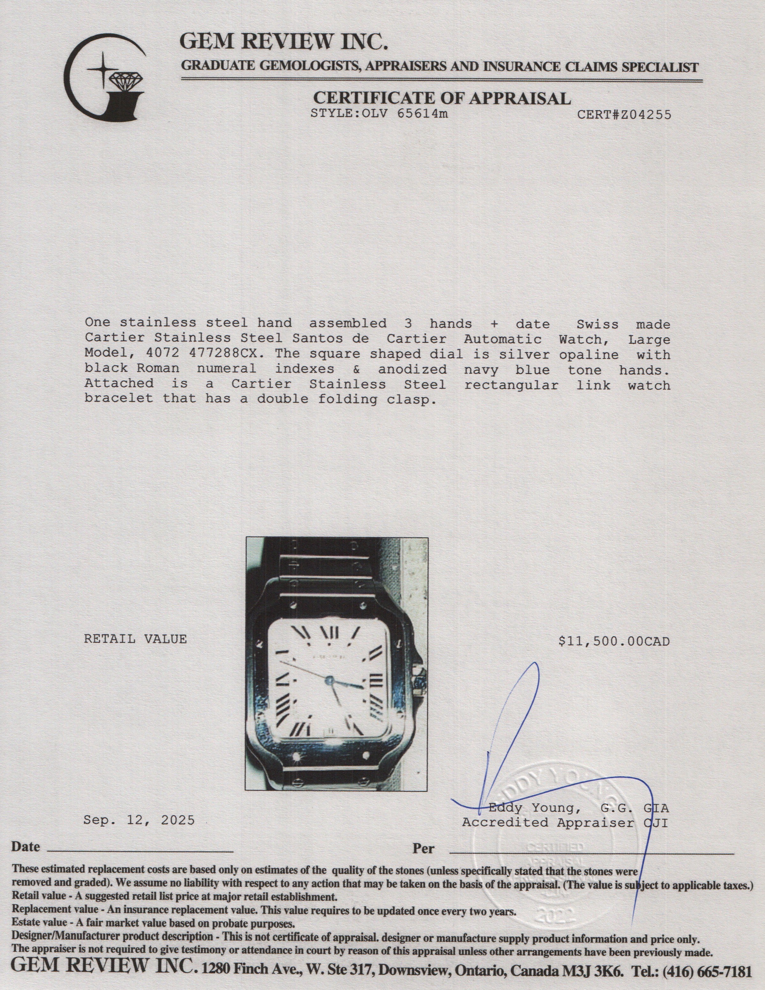 Cartier Stainless Steel Santos de Cartier Automatic Watch, Large Model Silver Dial 4072 w/ Box