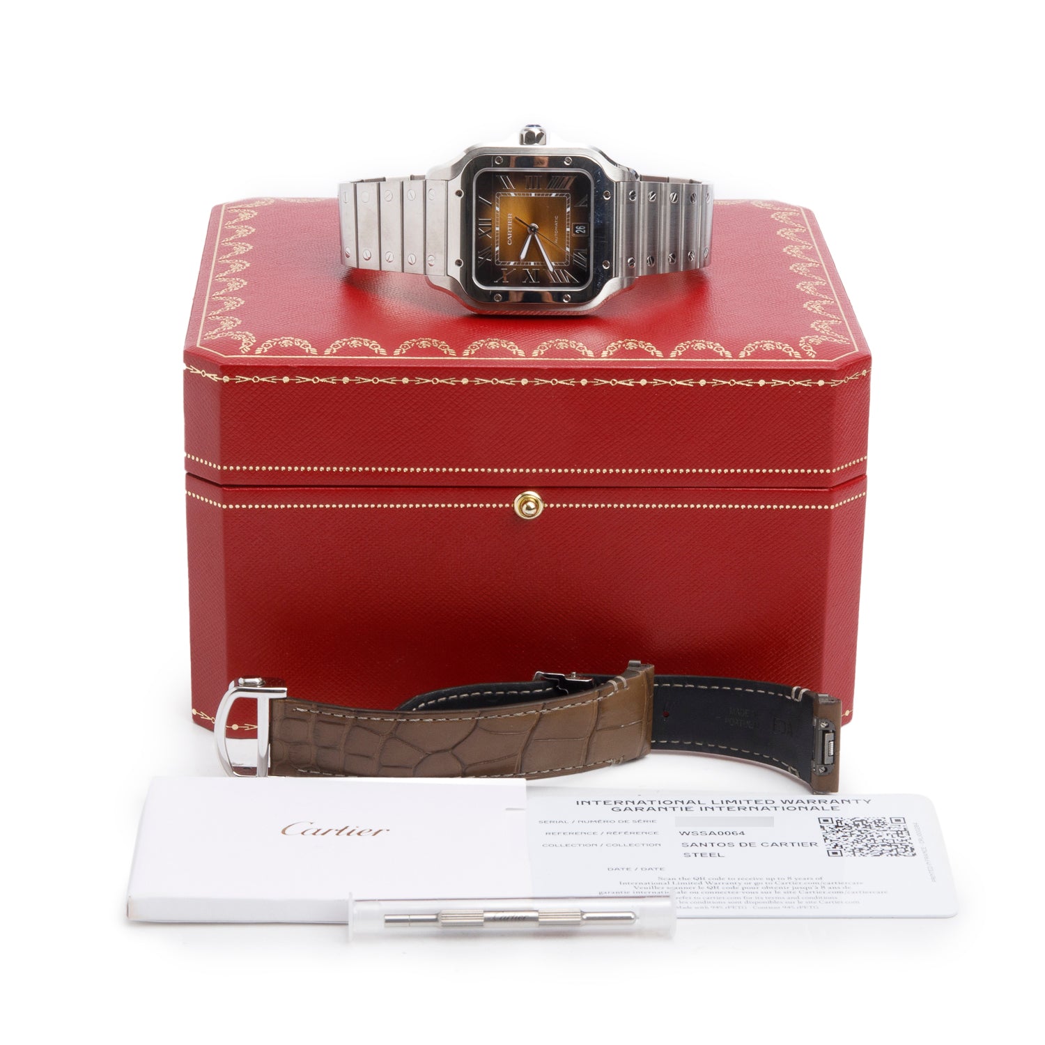 Cartier Stainless Steel Santos de Cartier Automatic Watch, Large Model Brown Dial 4072 w/ Box, Papers & Extra Strap