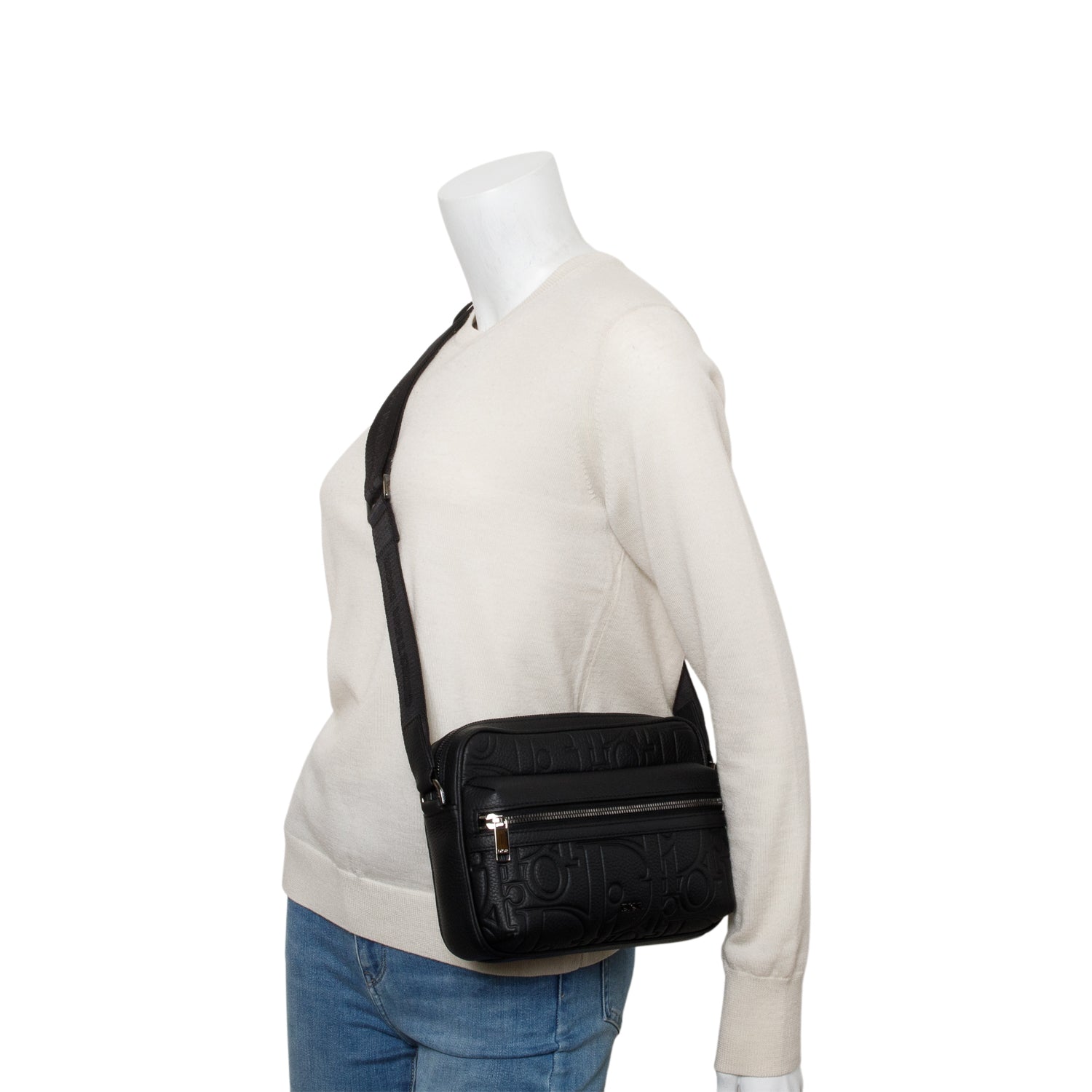 Christian Dior 2024 Black Embossed Calfskin Rider 2.0 Zipped Messenger Bag w/ Box